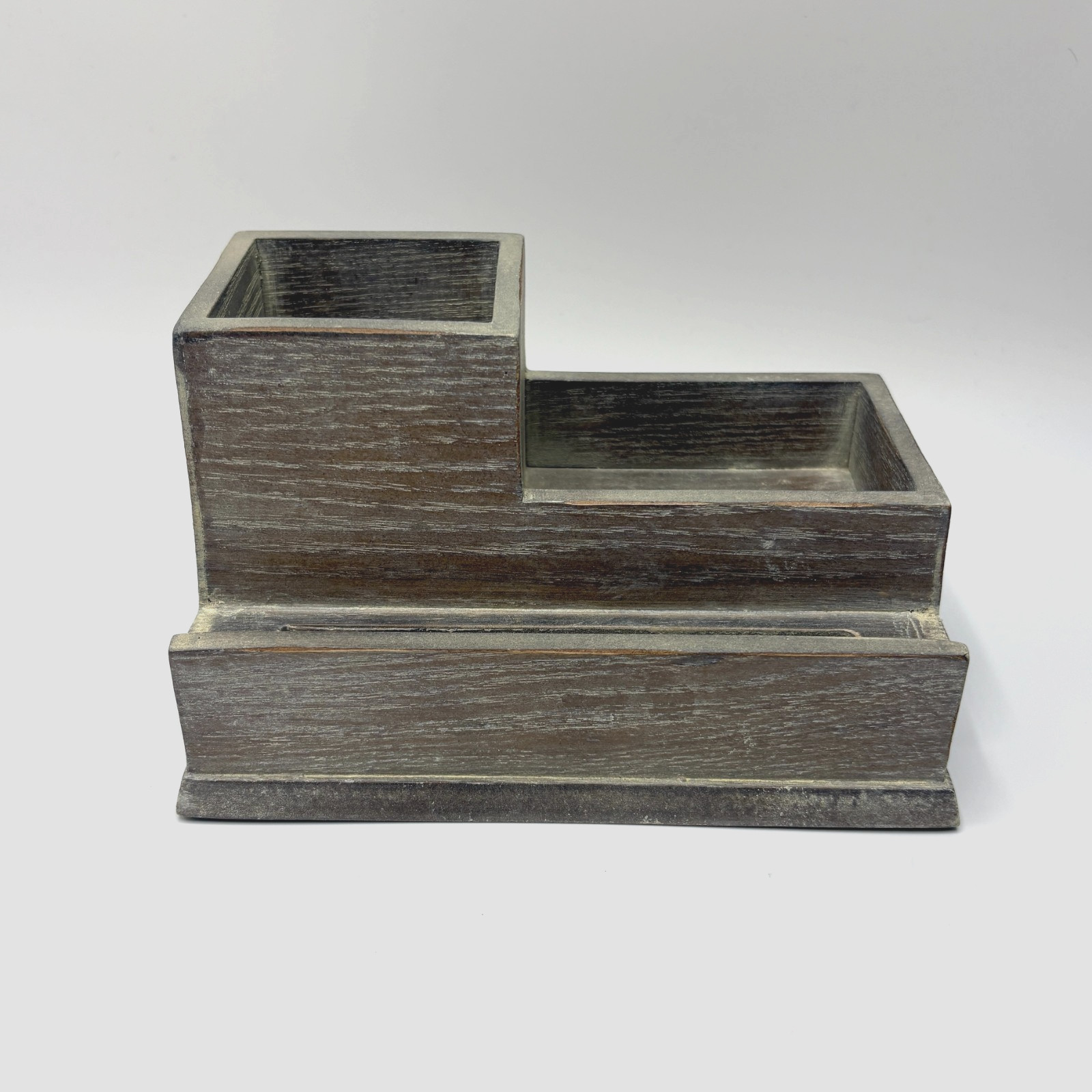 Pottery Barn Rustic Gray Wood Desk Organizer/Phone Caddy Pen Holder Storage