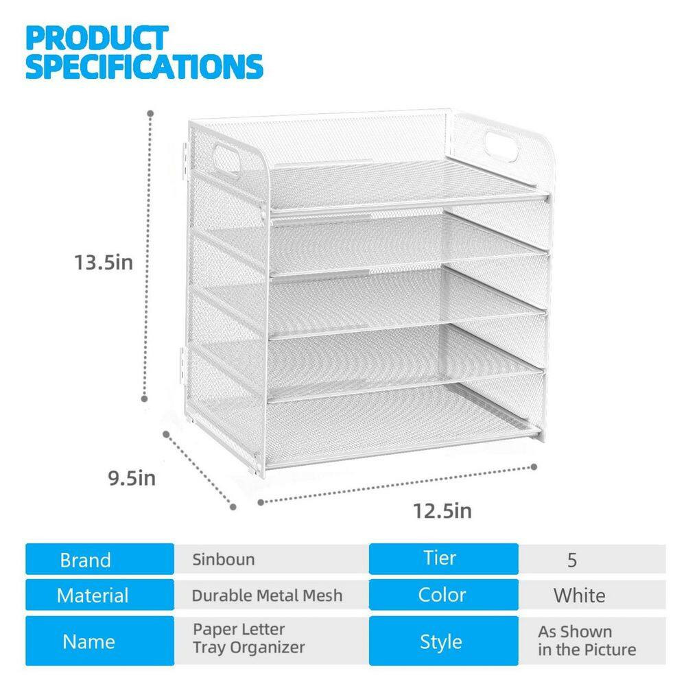 12.5 in X 13.5 in 2 Pack White Metal Letter Tray 5-Tier Desk Organizer File Pape