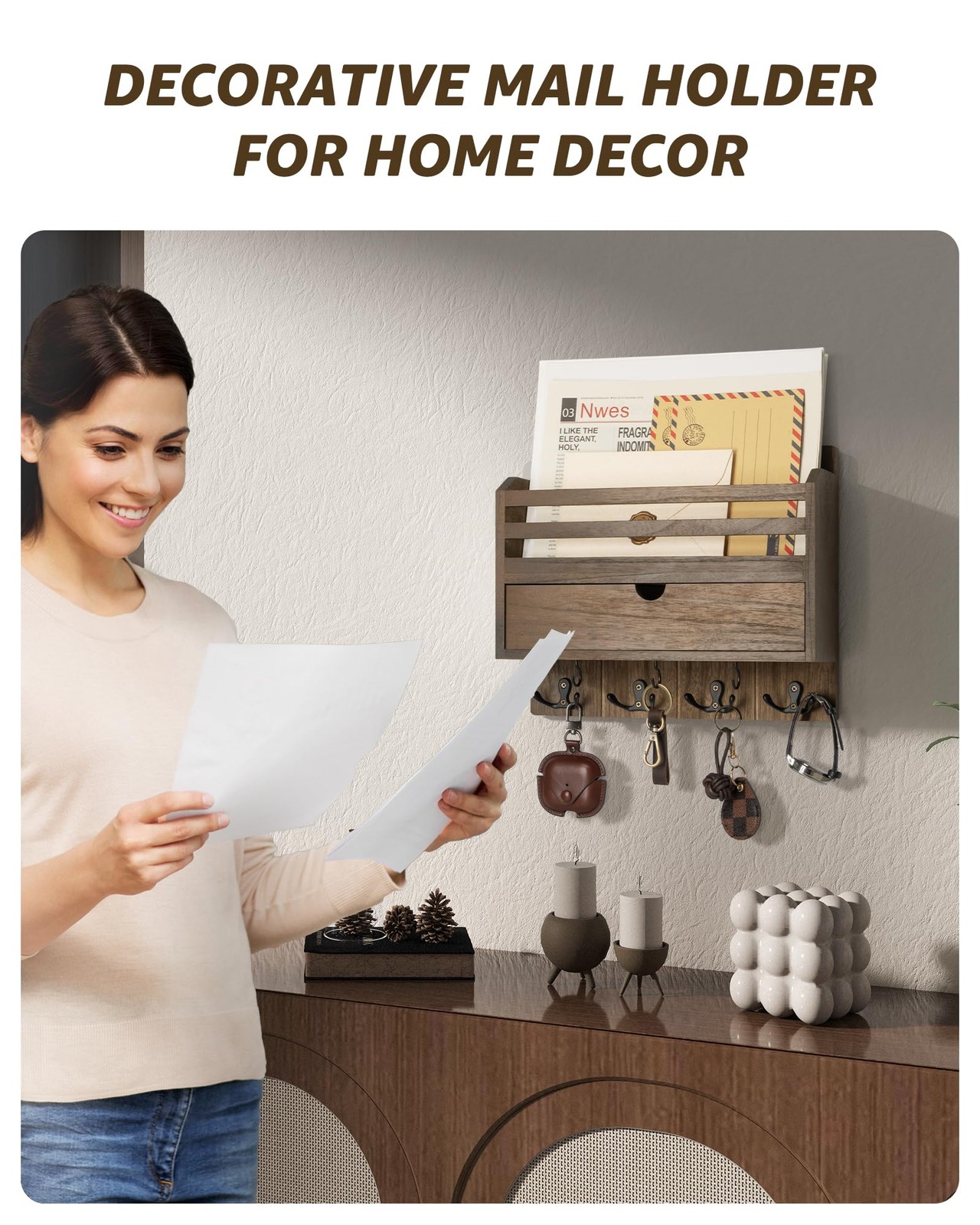 Farmhouse Wood Organizer Wall Mount – Key and Holder for Wall with Storage Dr…