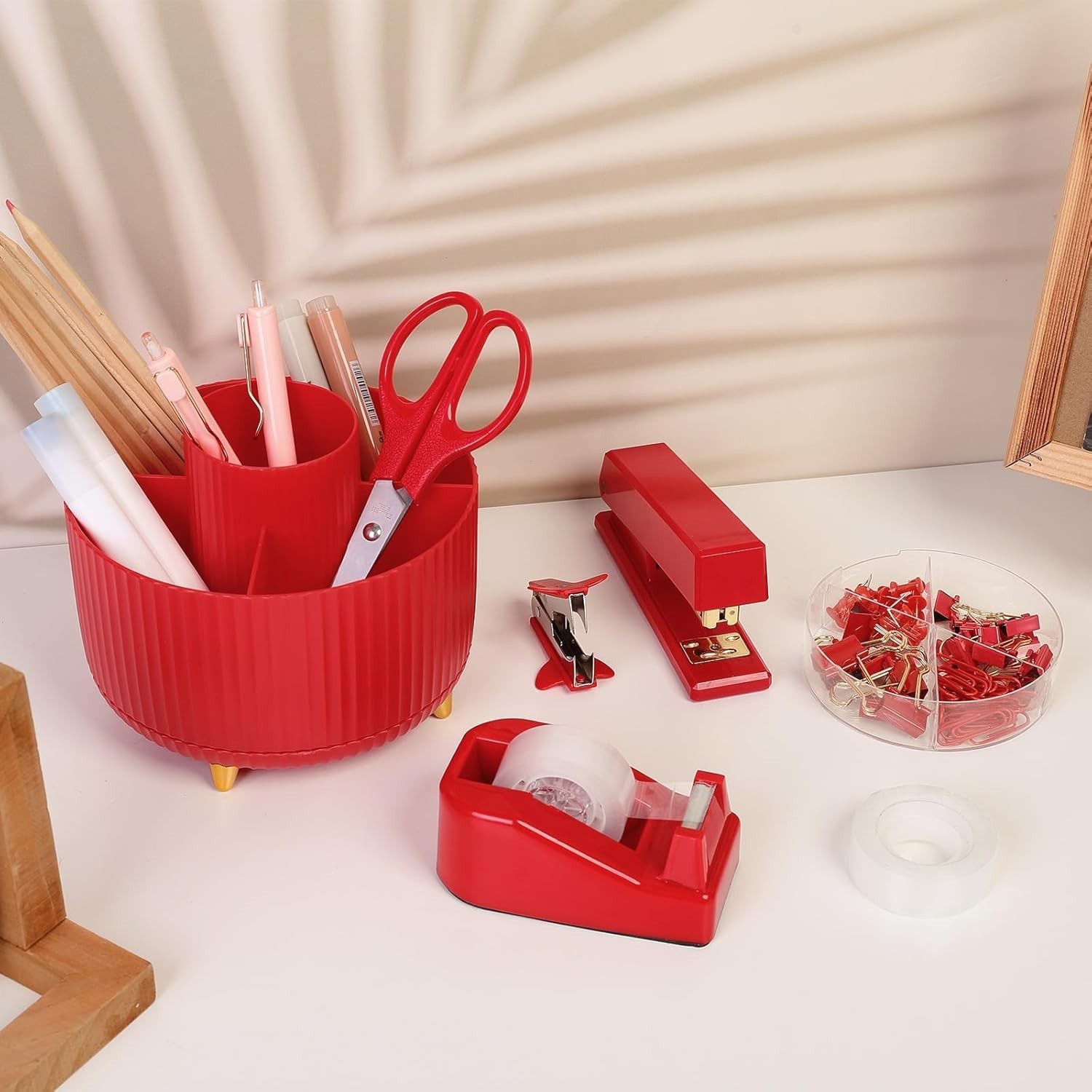 Red Office Supplies Set, Desk Accessories, Stapler, Tape Dispenser, Scissors,…