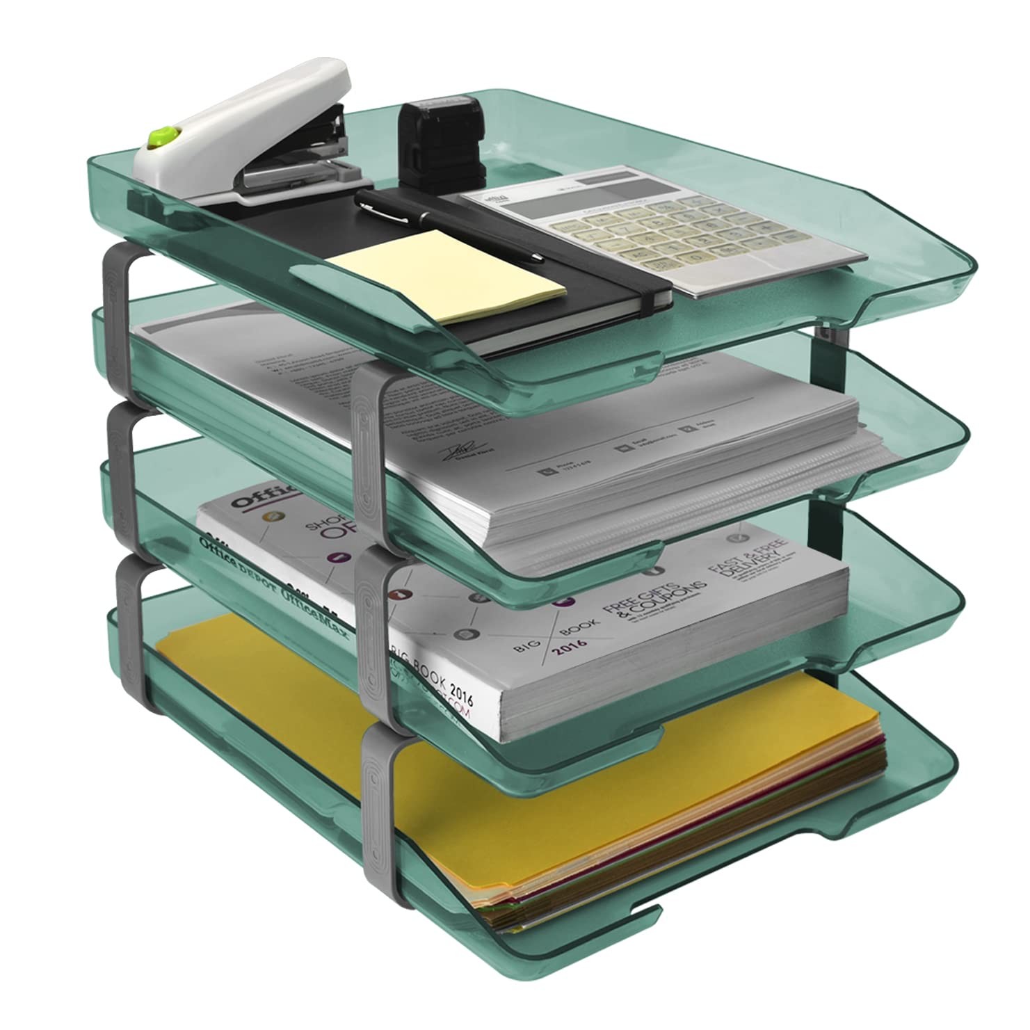 Traditional 4 Tier Letter Tray Front Load A4 Desktop Organizer Clear Green