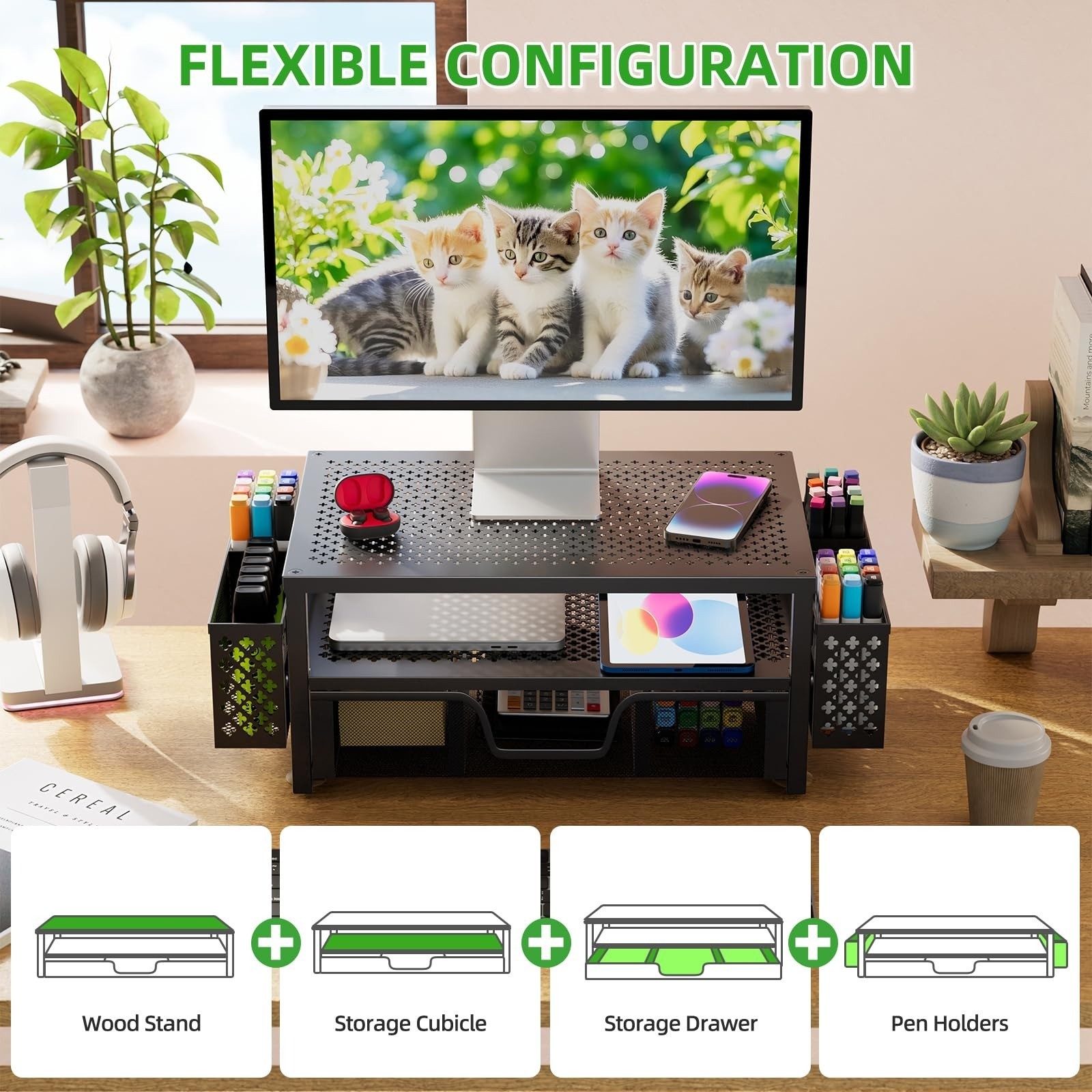 Simple Trending Desk Organizer with Drawer, 2 Tier Metal Monitor Stand