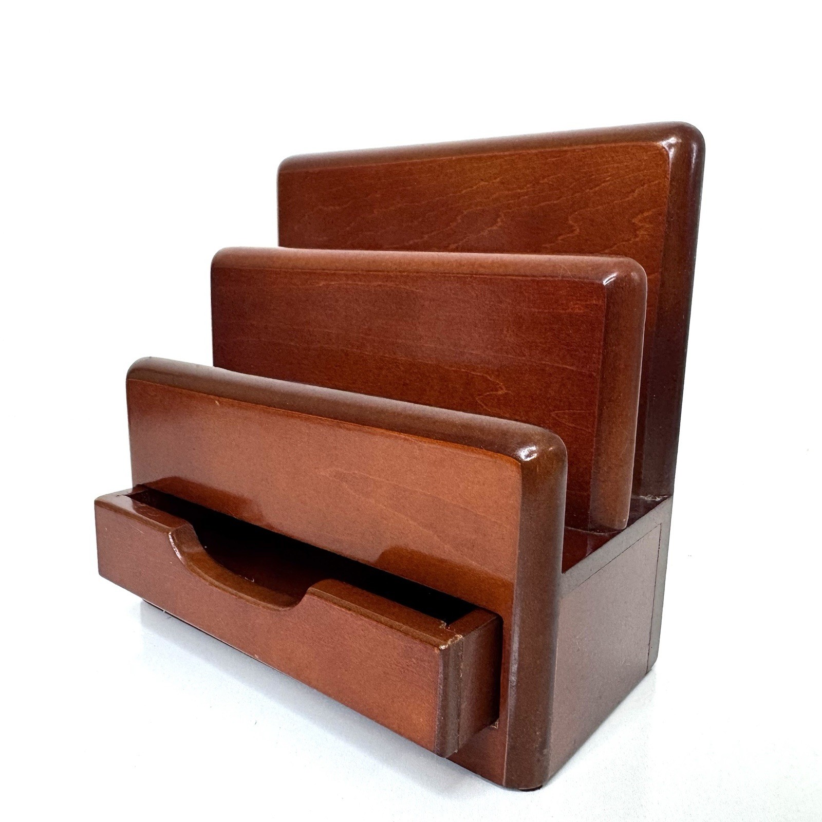 Vintage Executive Cherry Wood Letter Desk Organizer Rolodex w/ Drawer 7”
