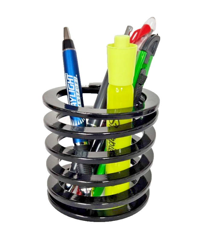 Desk Top Pen Holder – Automotive Suspension Spring – BLACK – 3″ Tall