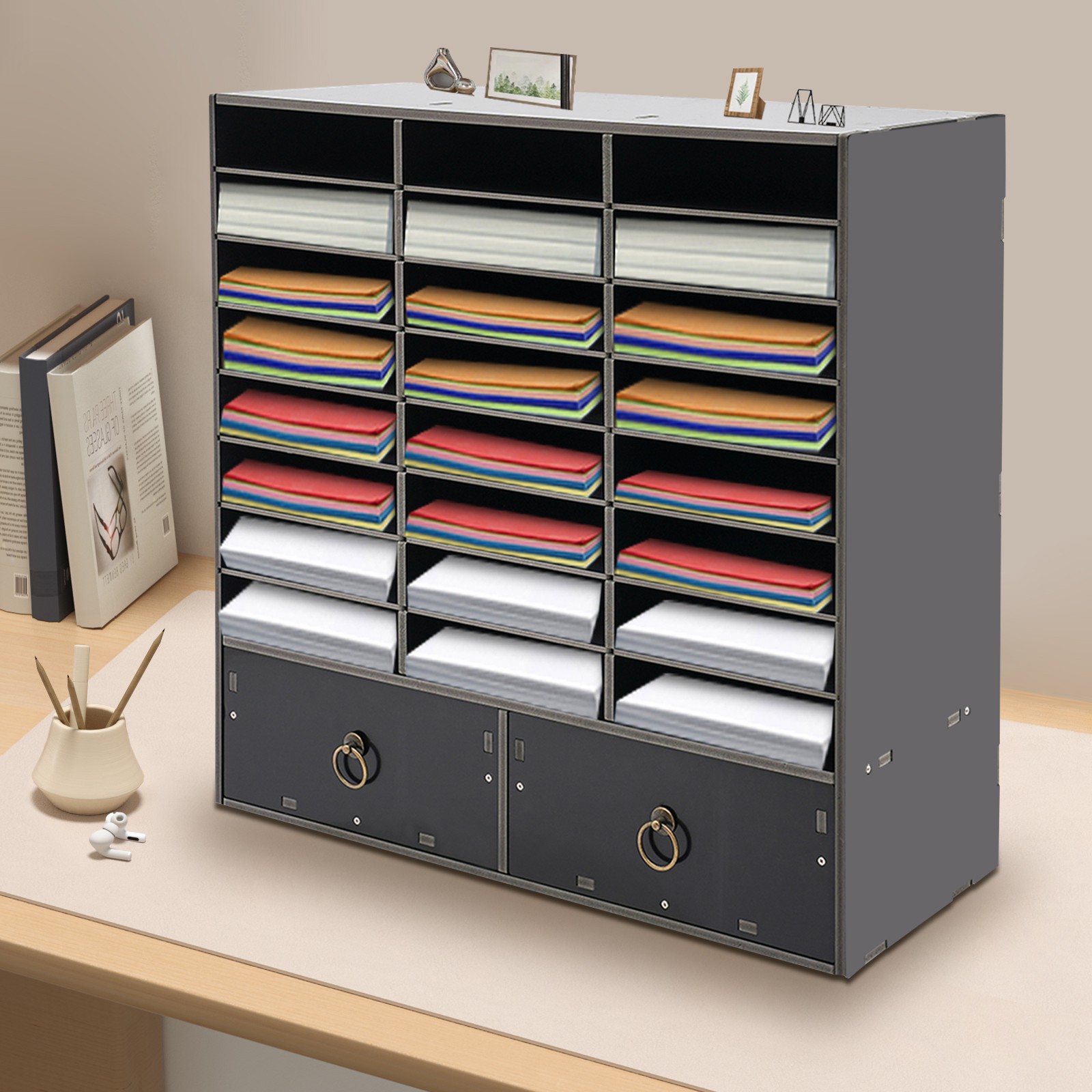 Paper and Mail Organizer, Storage Cabinet with 24 Compartments+2 Drawers Office