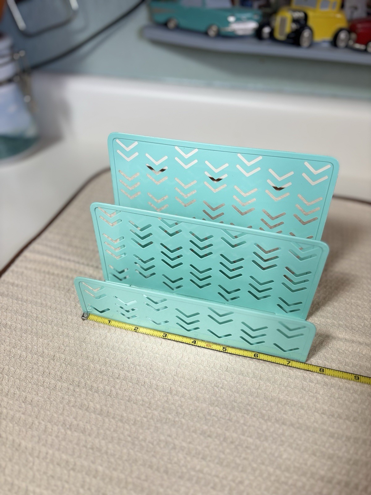 Aqua/Teal Metal Desktop Organizer 3-Slot Letter Mail Paper Holder Chevron