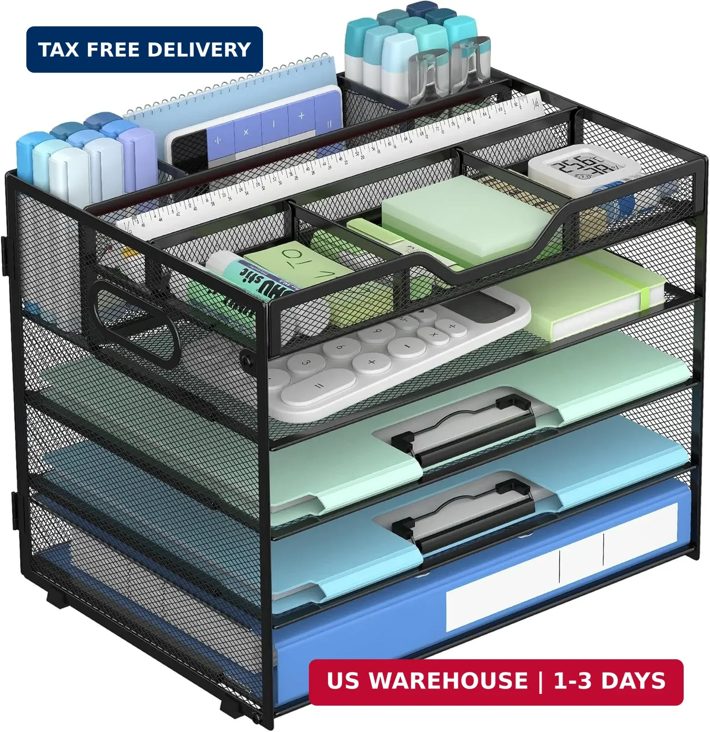 Docnest 5 Tier Mesh Desk Organizer with Adjustable Compartments – Stackable Lett