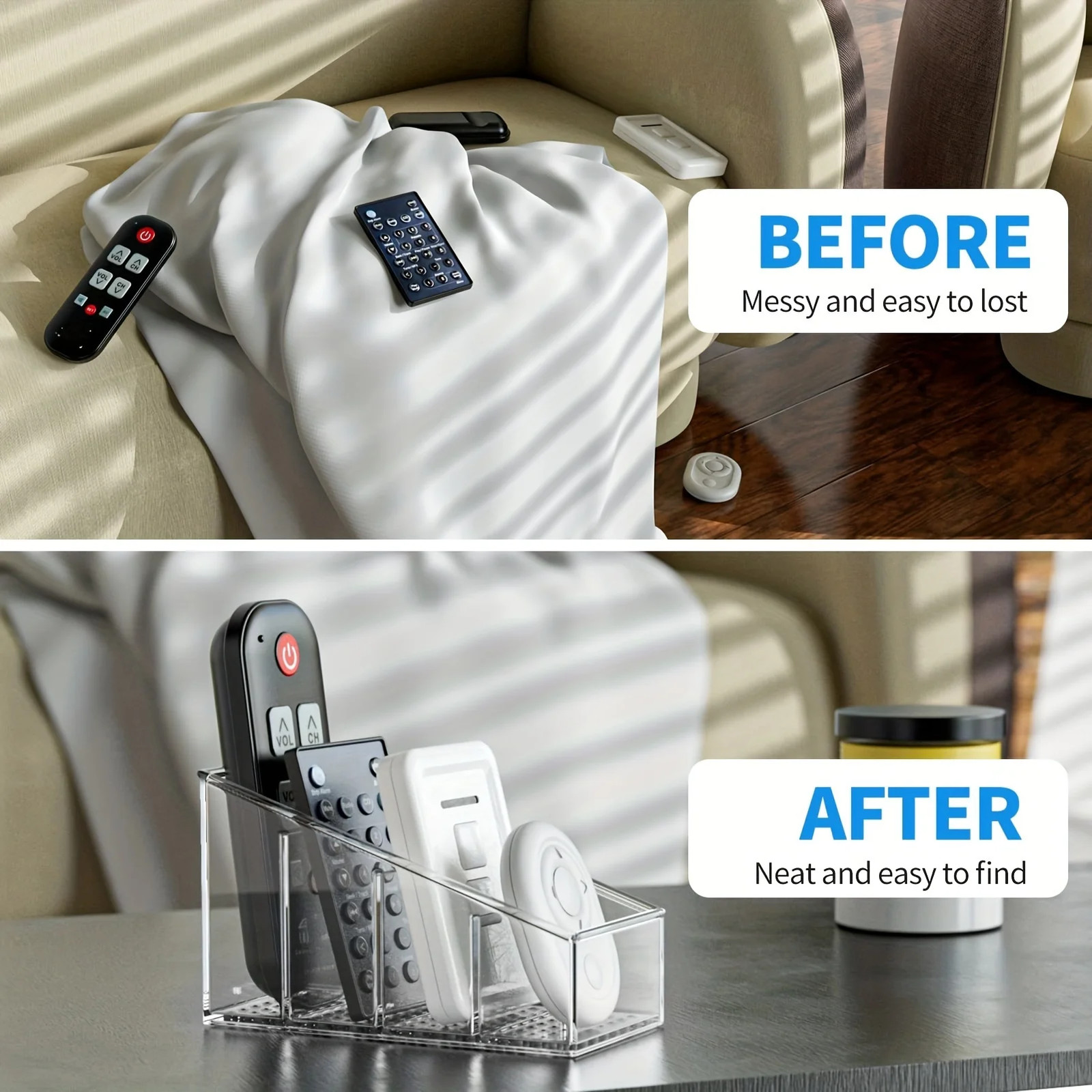 Clear Plastic Remote Control Holder and Desk Organizer with 4 Compartments for