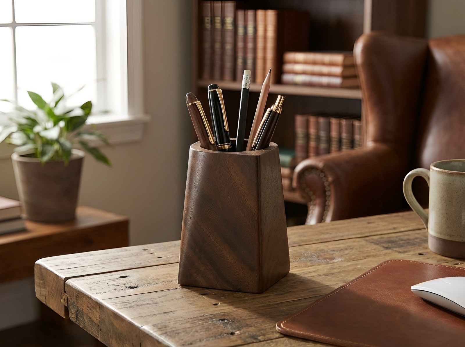 Walnut Wooden desktop pen pot organizer home office decor housewarming gift