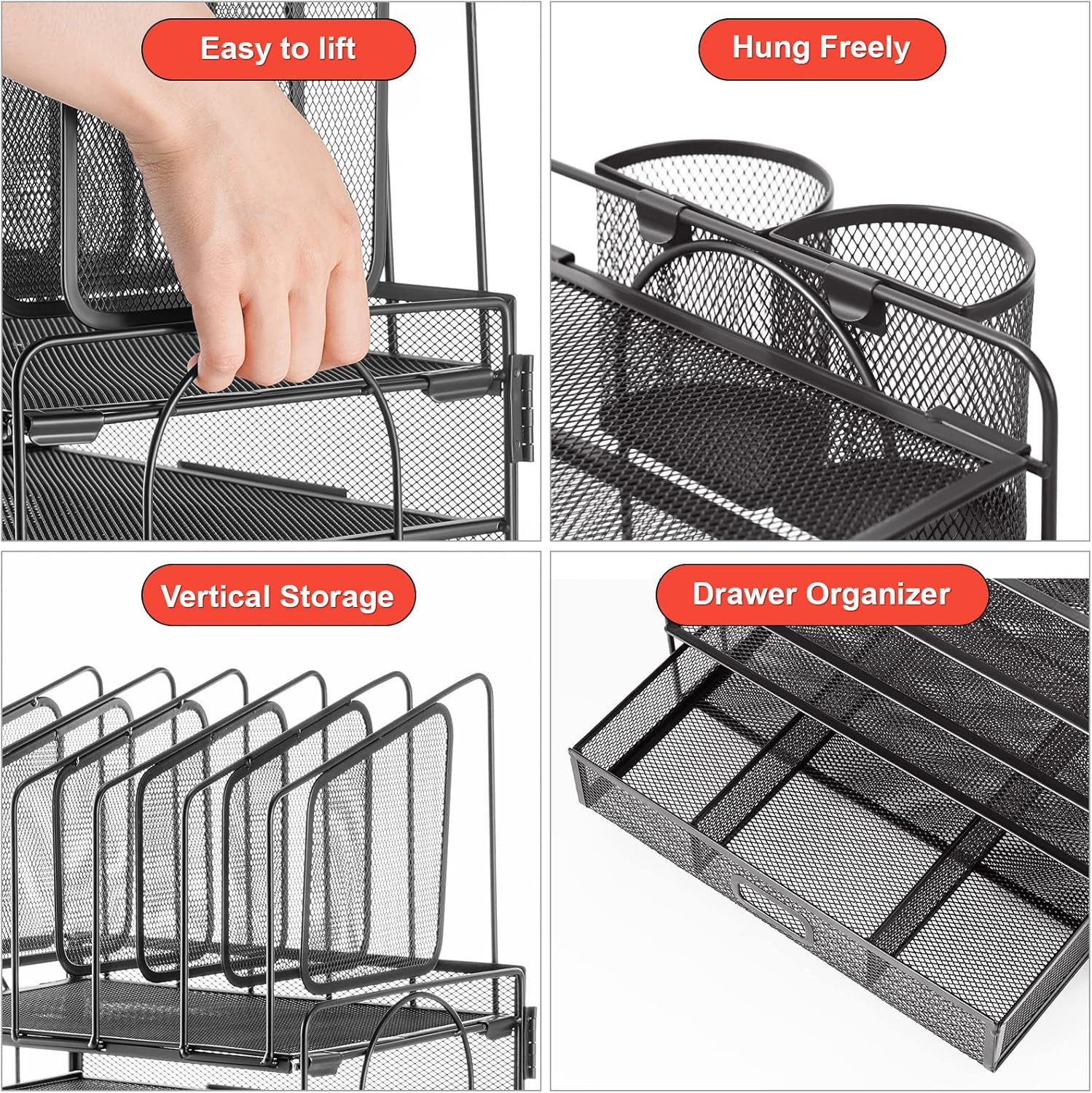 Desk Organizer with Drawer, 4-Tier Mesh File Organizer with 5 Vertical File Hold