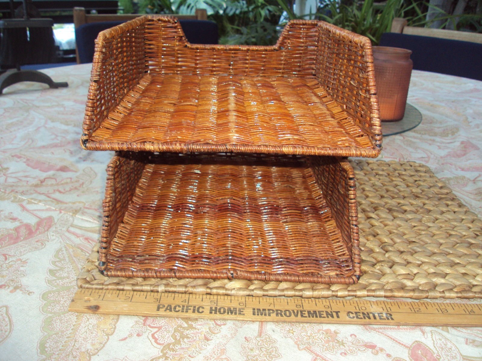 Vintage Desk File Tray Wicker Rattan Office Supply 2-tier Organizer