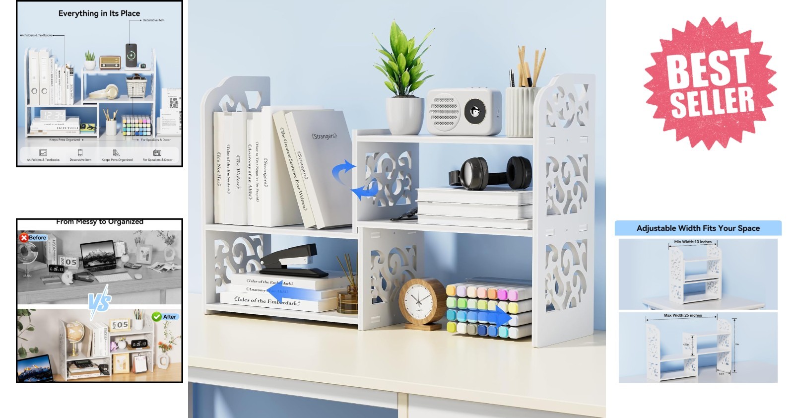 Adjustable 3-Tier Desk Organizer Shelf – Stylish White PVC Book Storage