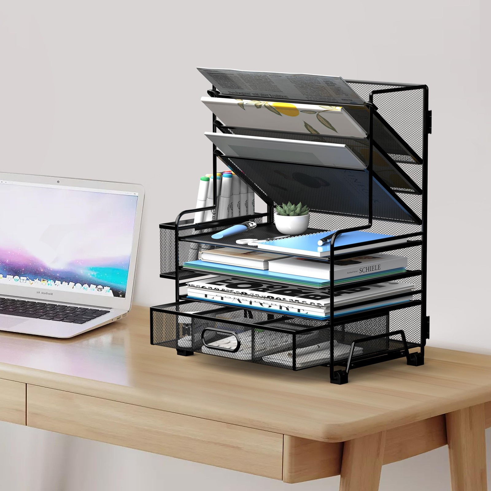 MINDEPOT 4Tier Paper Organizer + 3Pocket File Holder + Drawer + Pen Holders, …