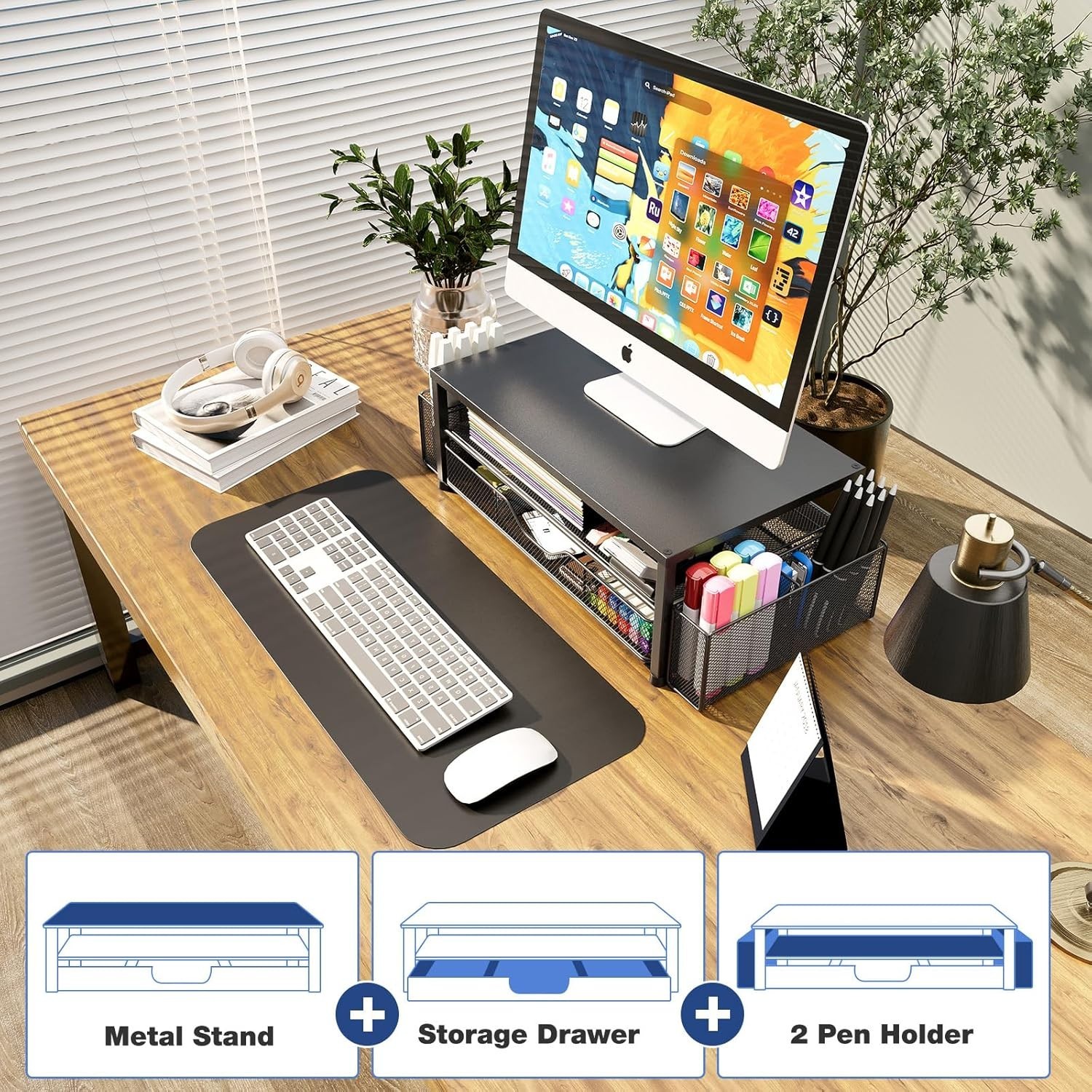 Ergonomic 2-Tier Computer Monitor Stand with Storage – Black Office Essential
