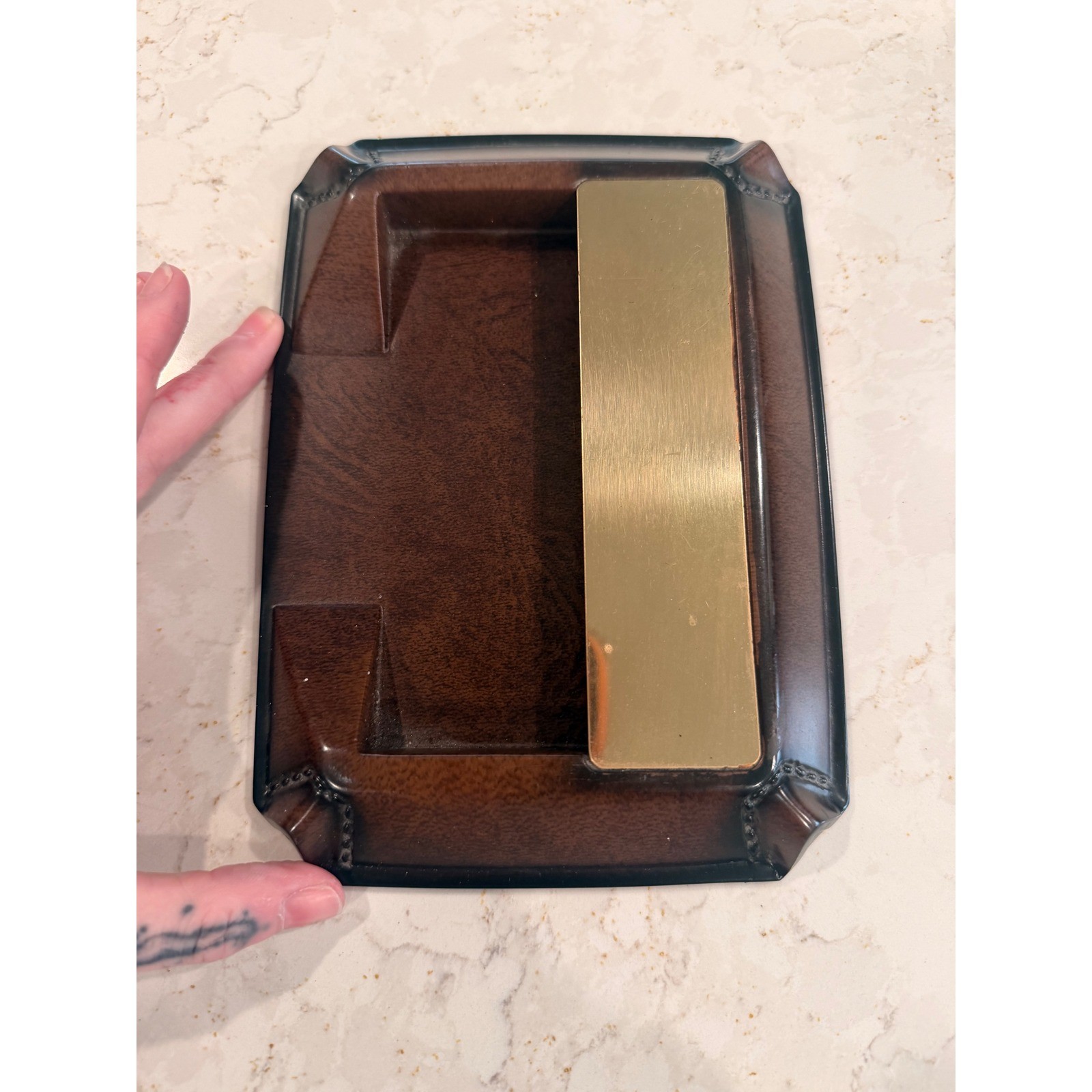 Vintage Brown Faux Leather Memo Pad Holder Brass MCM Desk Organizer Office Decor