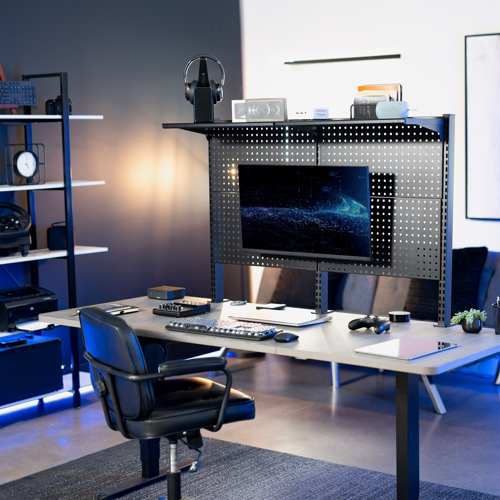 VIVO Black Steel Clamp-on 47″ Pegboard with Monitor Mounts & Overhead Shelf