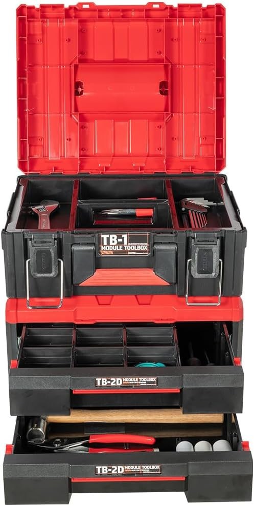 2-Tier Stackable Tool Box W/ Drawers ABS Plastic Storage Chest W/ One-Touch