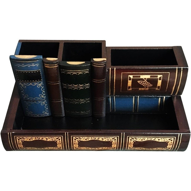 Rustic Wooden Desk Pen Holder Organizer W/ Drawer & Sections Office Supplies New