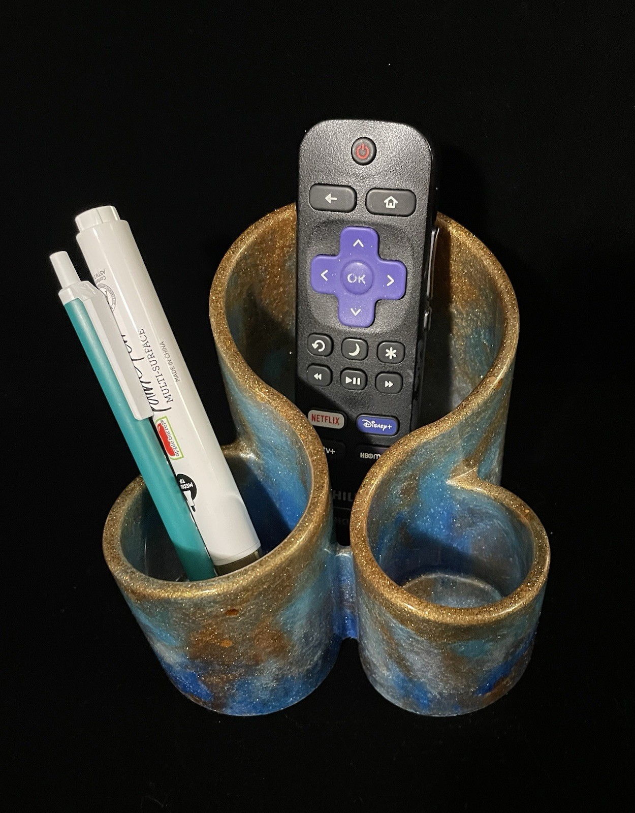 Blue and Gold Resin Multi-Compartment Desktop Organizer Holder for Pens, etc.