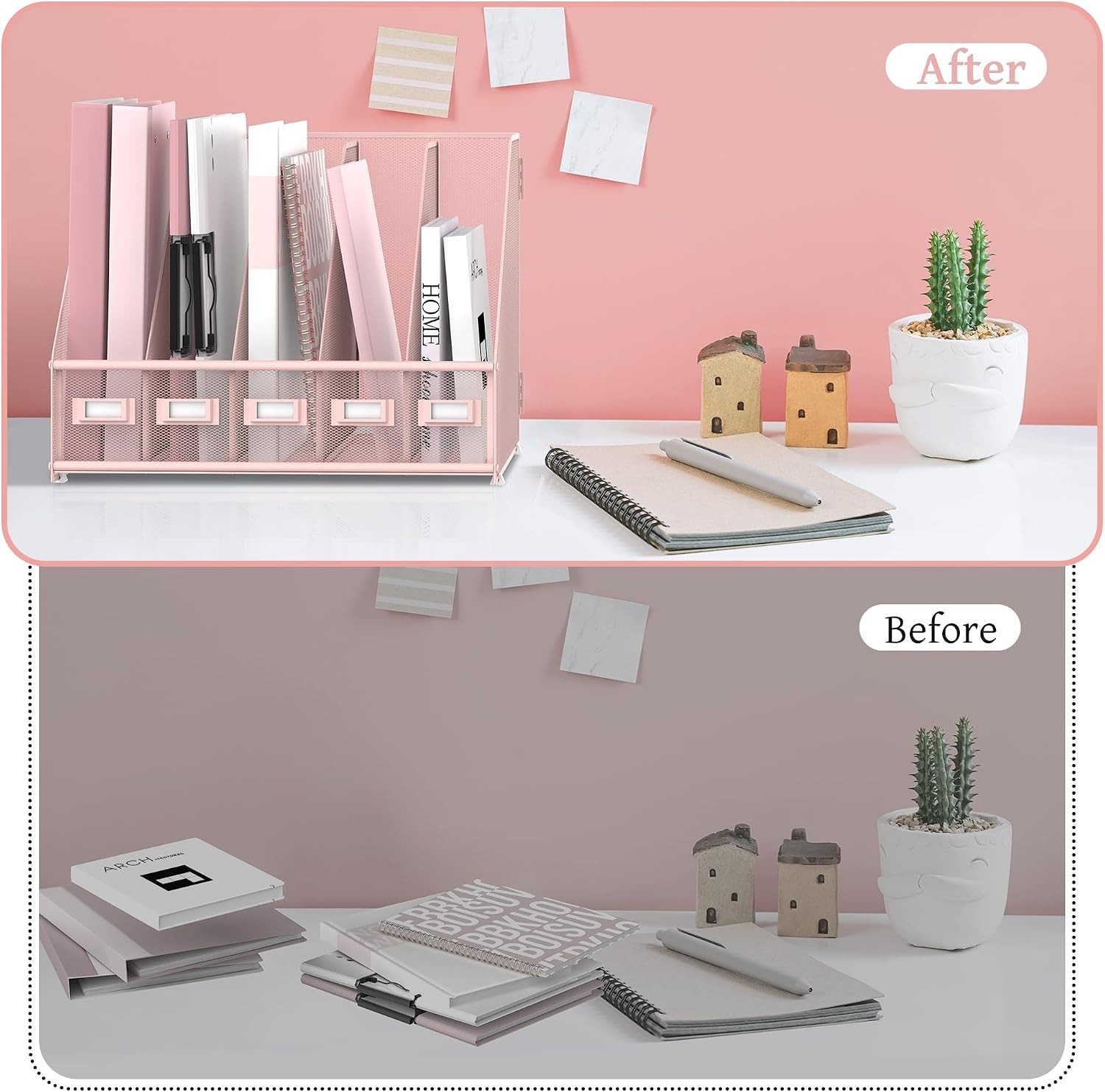 Metal Desk File Holder 5 Compartments Magazine Organizer Rack Pink