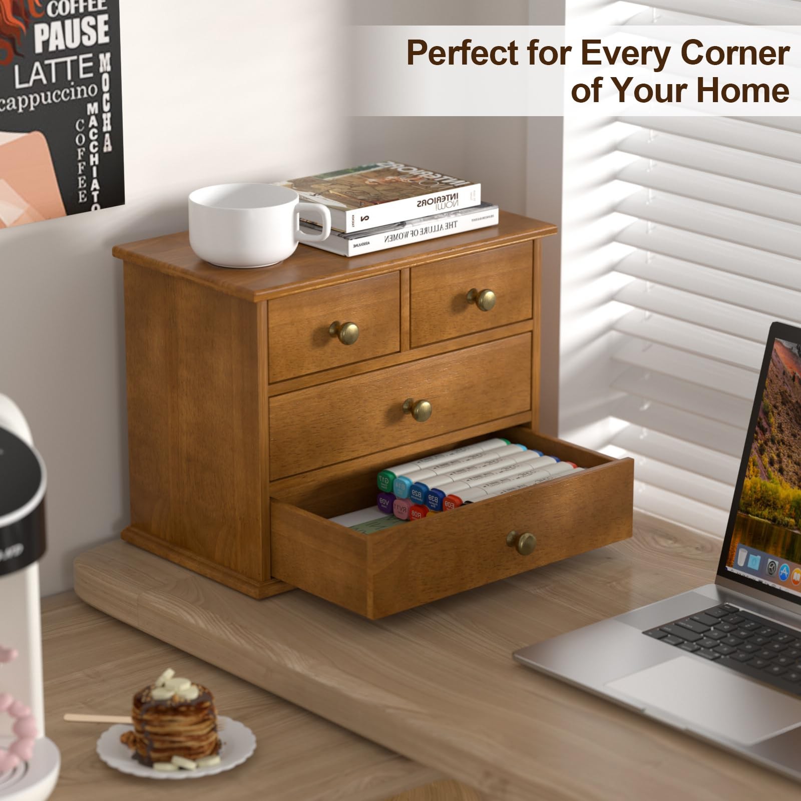 Oak Desk Organizer with Drawers, Durable Wooden Desktop Storage Box with Meta…