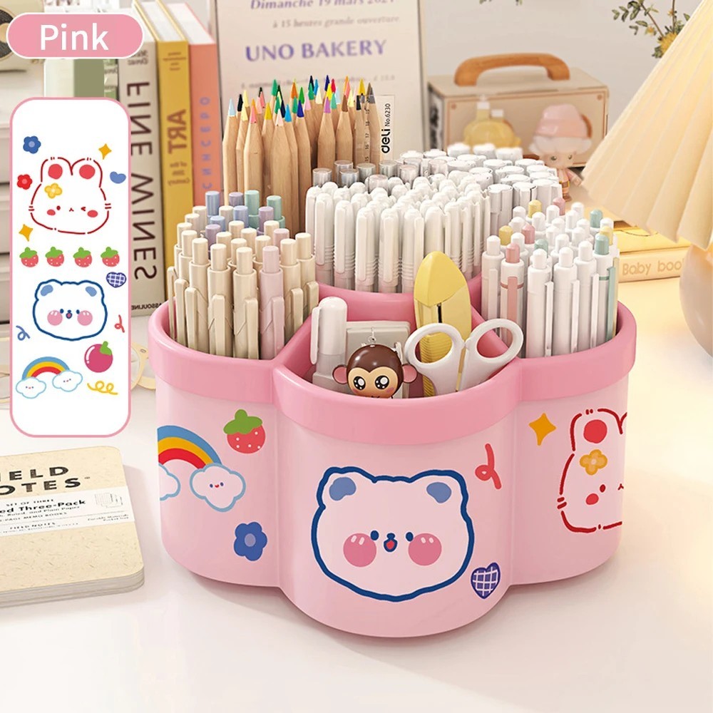 360 Rotating Pen Holder Cartoon Storage Box Desktop Office Organizer Case