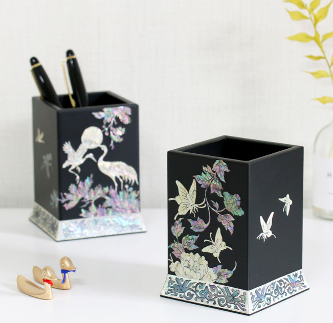 Korean Mother of Pearl Lacquer Pen Holder Handmade Desk Organizer Office Decor