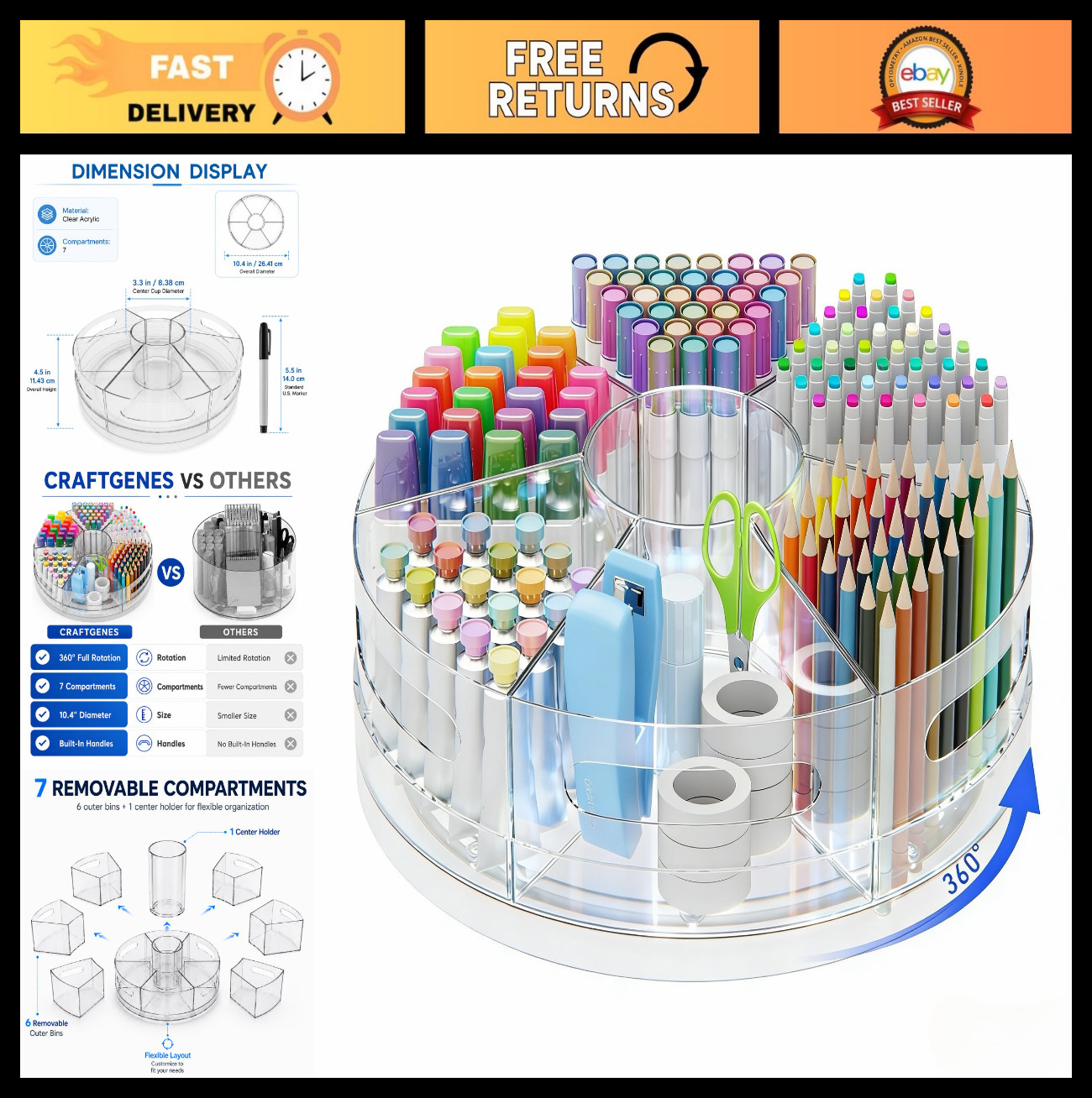 Clear Acrylic Rotating Organizer – 7 Compartment Pen & Art Supply Holder for Des