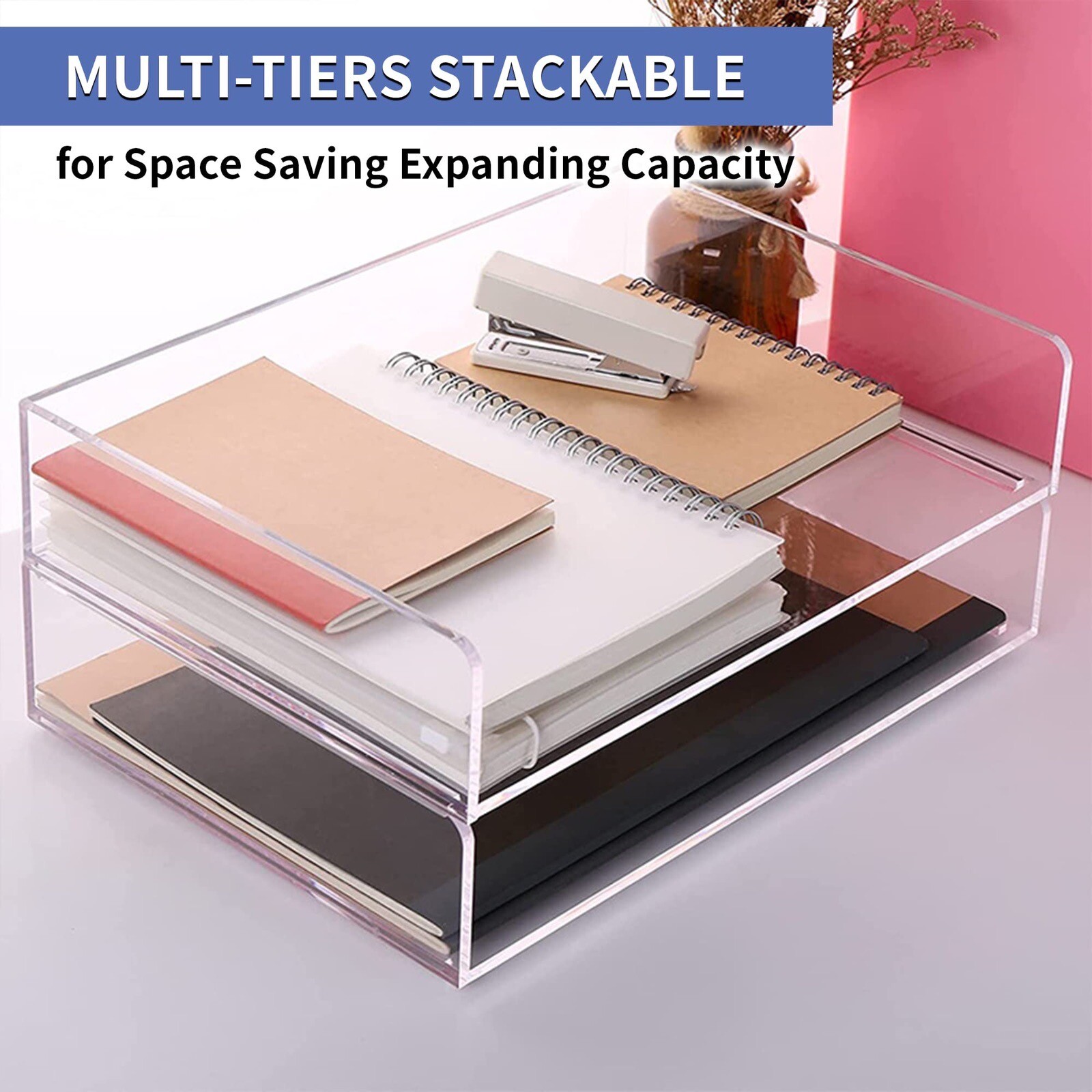 Acrylic Stackable Letter Tray Office Desk Organizer Clear Paper Tray 2-Pack
