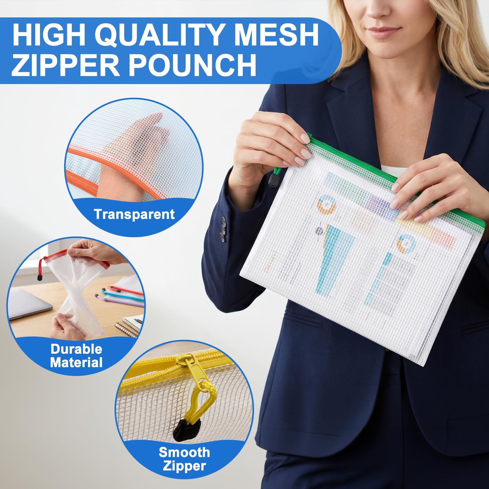 40 PCS A4 Letter Size Mesh Zipper Pouch Bags Waterproof File Folders 8 Colors