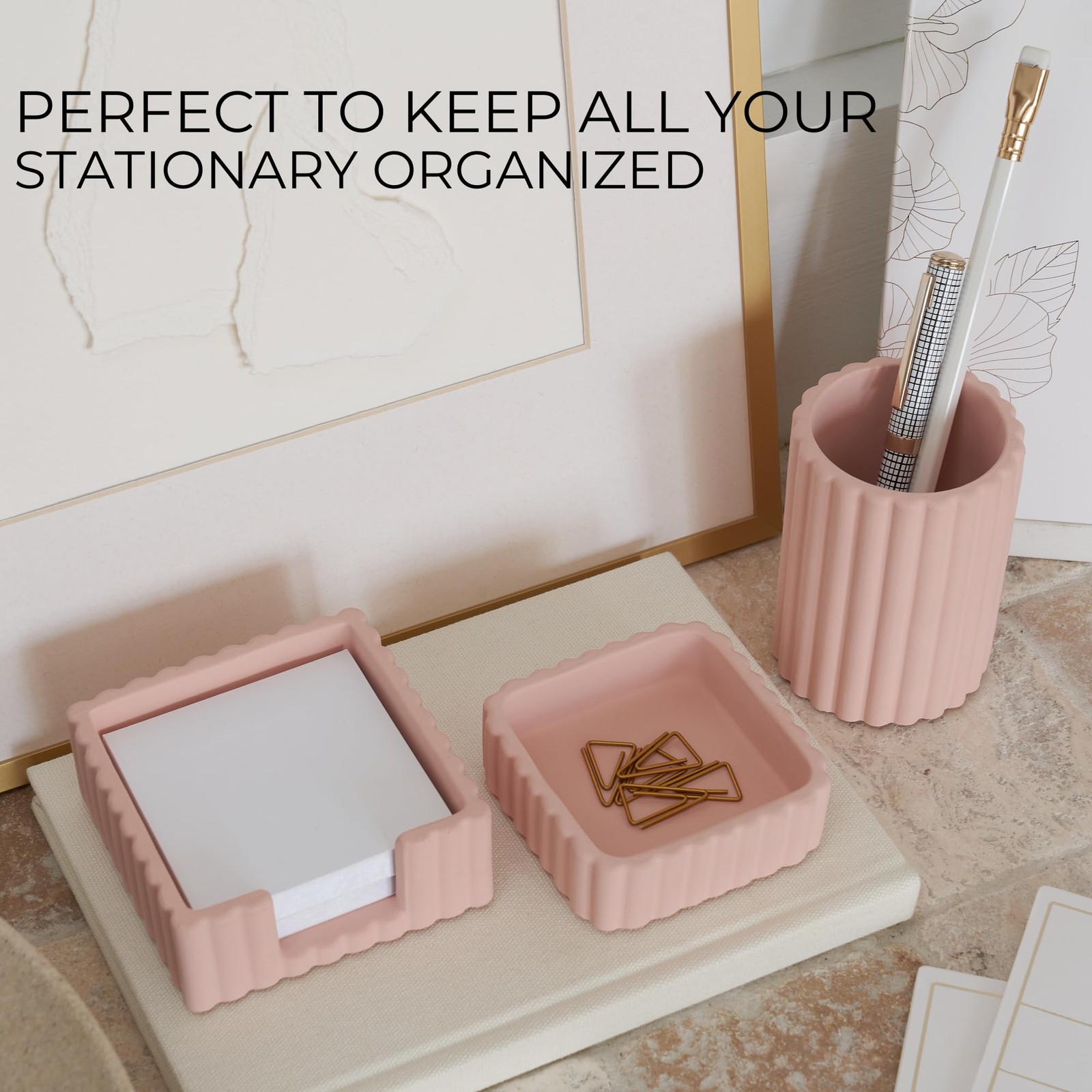1 Set Modern Aesthetic Pink Concrete Desk Organizers Accessories 3 PCS
