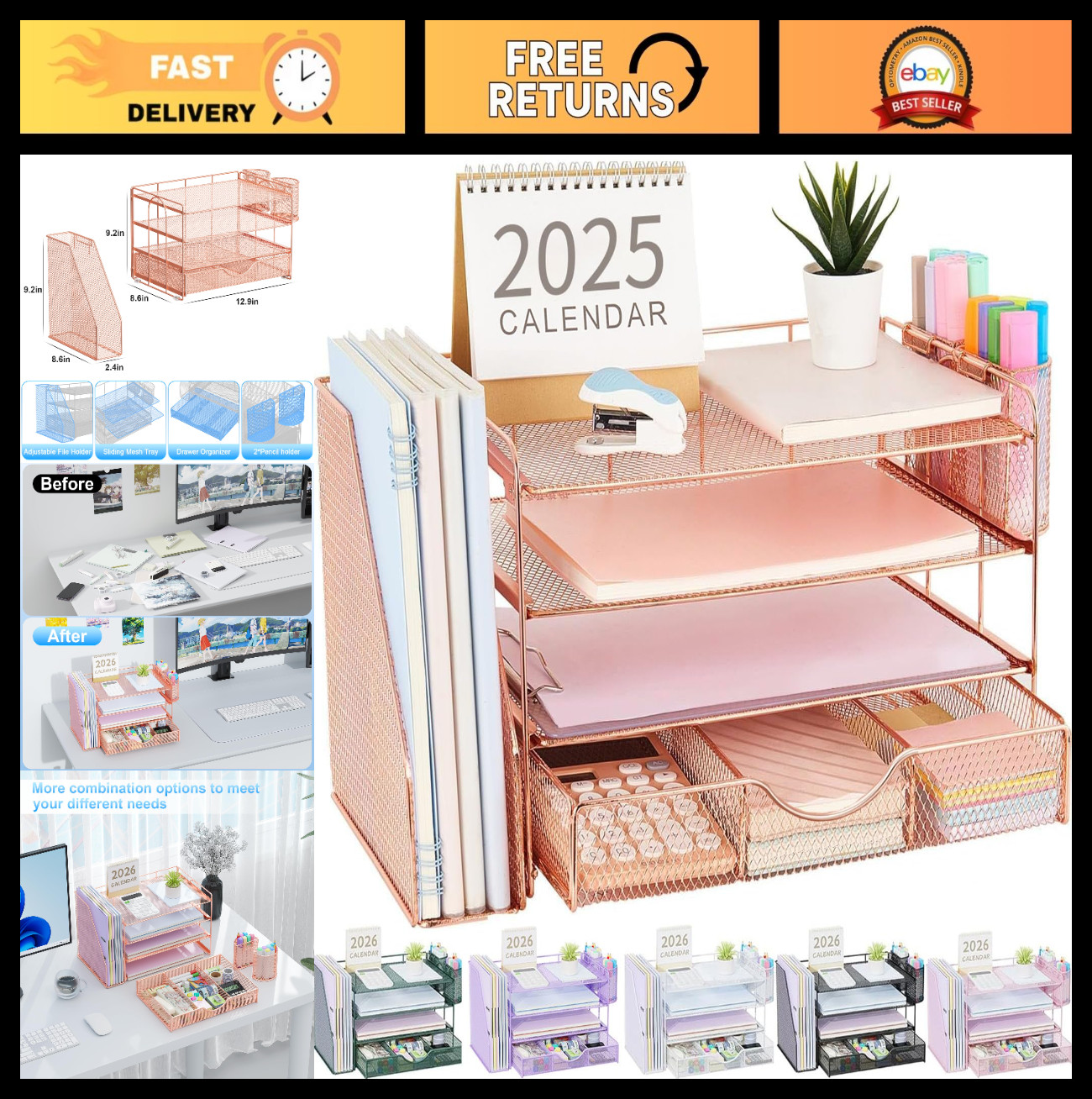 4-Tier Desk Organizer with File Holder, Drawer & 2 Pen Holders – Rose Gold Offic