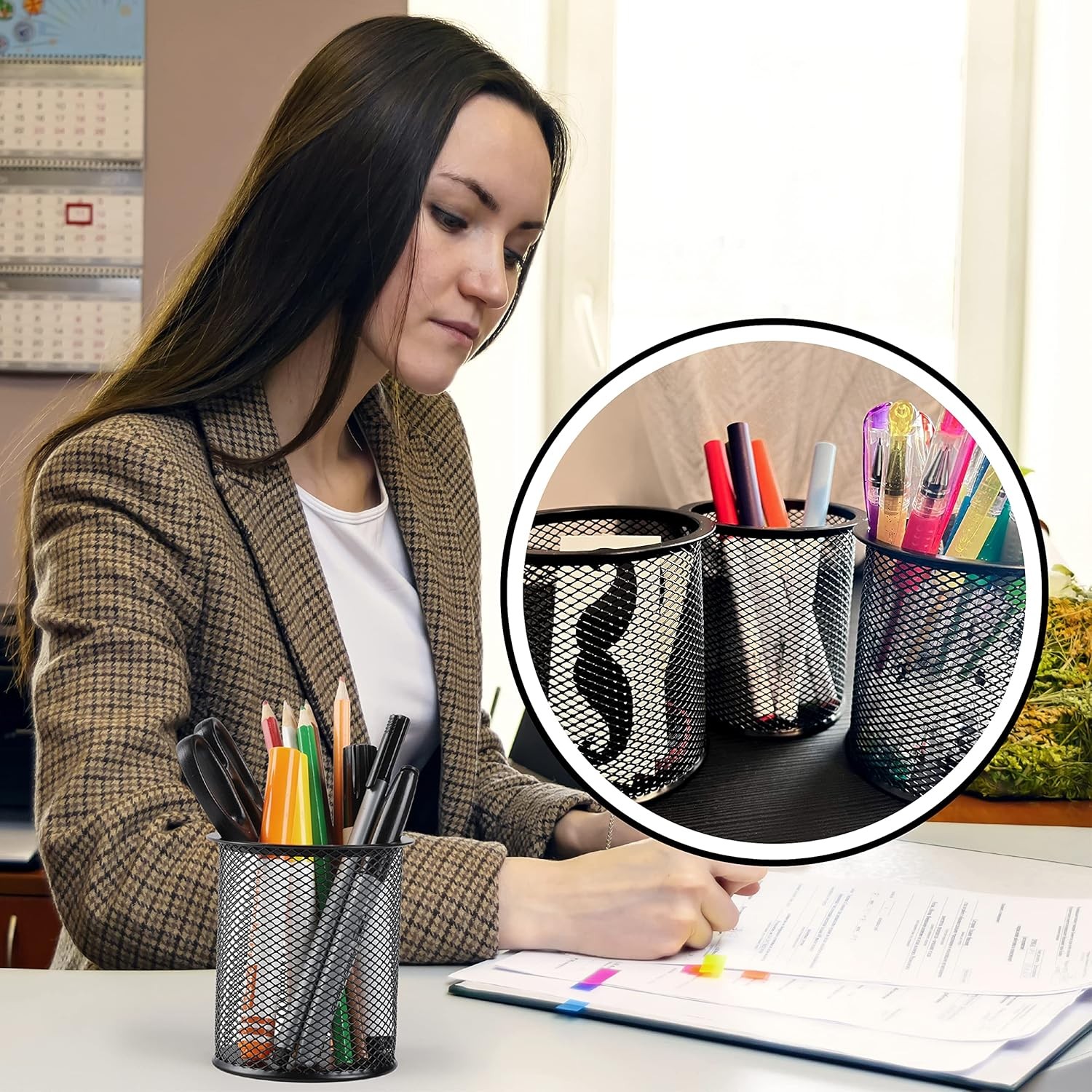 3pcs Metal Mesh Pencil Cup Holder Black Organizer Desk Pen Cups
