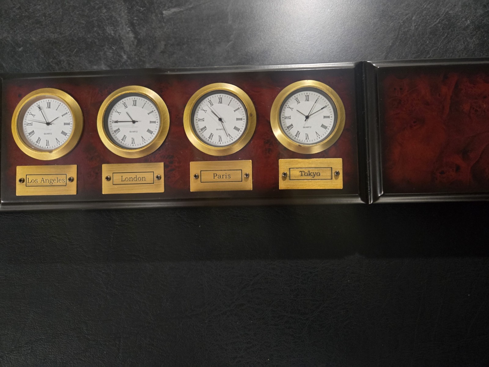 Rare Vtg Bombay Company Leather & Wood Executive Desk World 4 Clock Pad Blotter