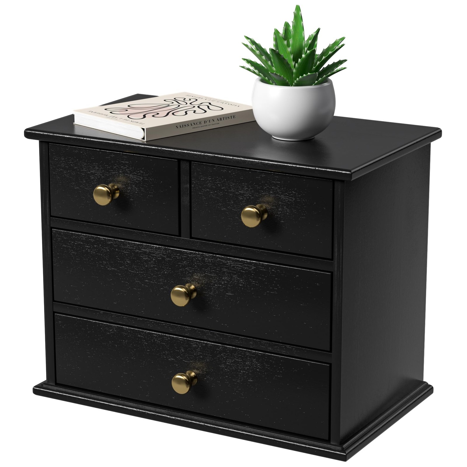 4~Drawer Oak Desk Organizer, Wooden Desktop Storage Box, Black