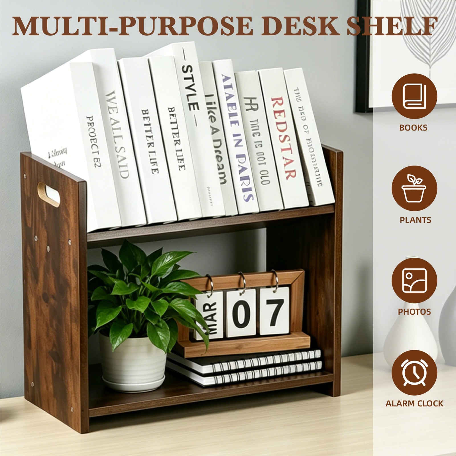 YUBAMIN Desktop Bookshelf, 2 Tier Desk Shelf Organizer, Wood Rustic Brown