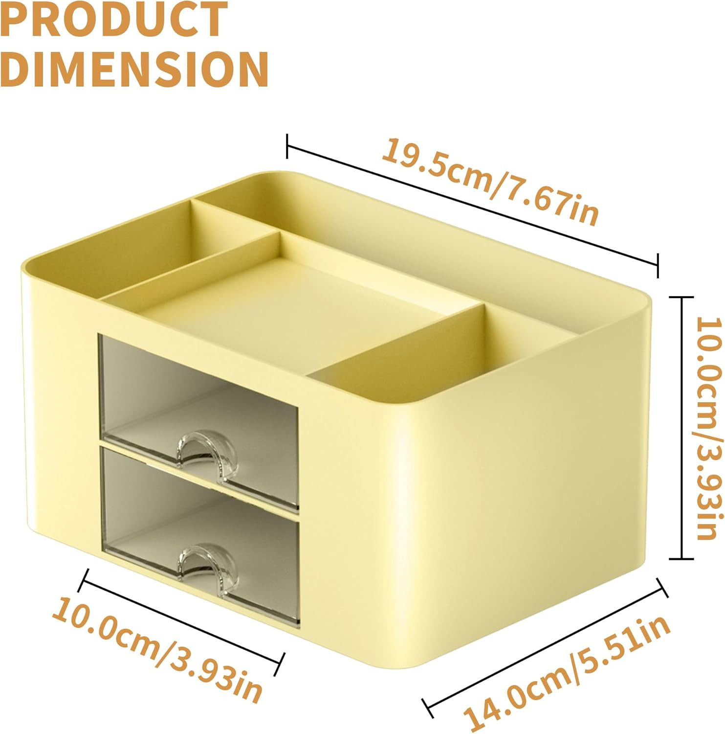 Desk Pen Organizer with 2 Drawers 5 Compartments for Office Supplies Yellow