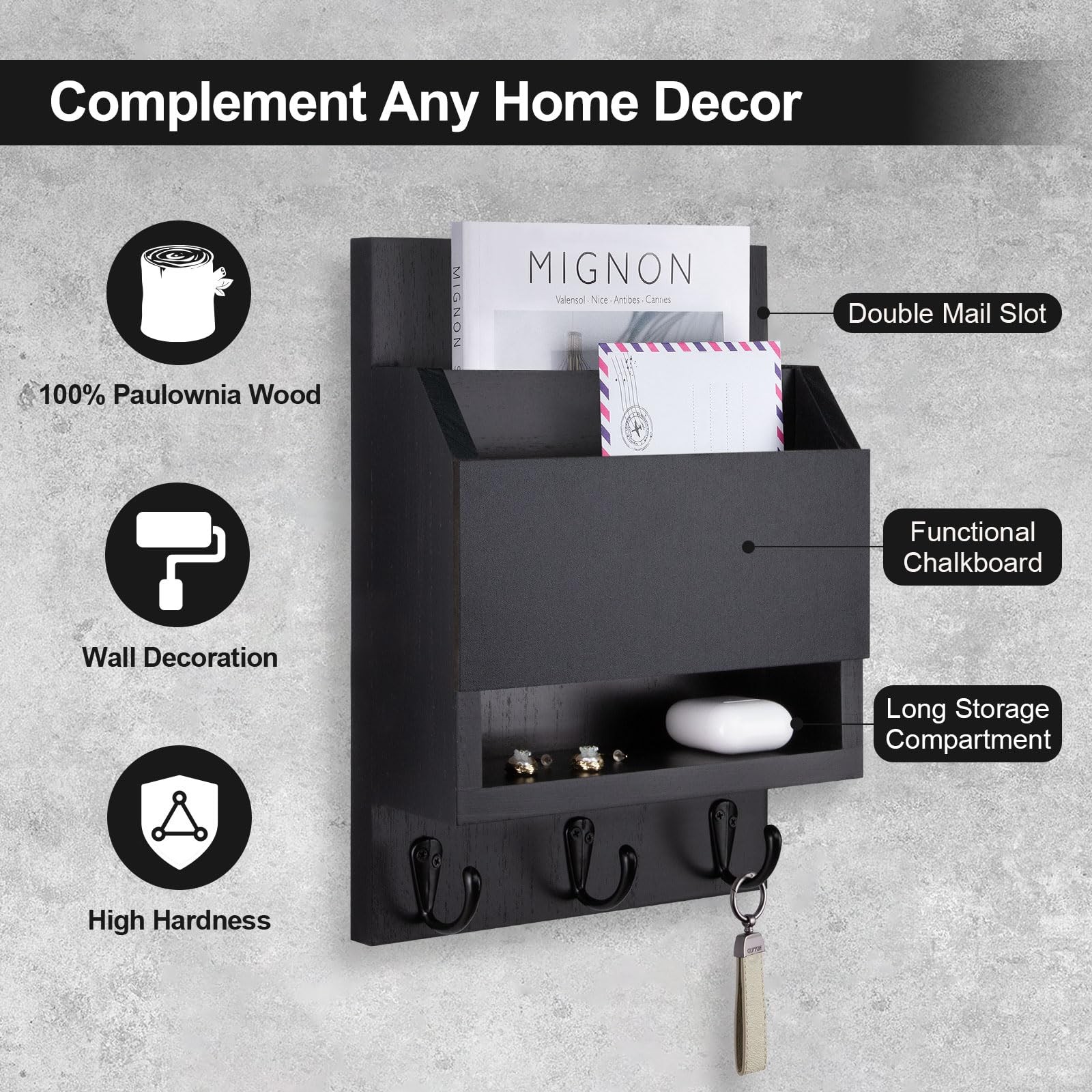 Black Key Mail Holder Wall Mount Chalkboard Storage Box 3 Hooks Organizer