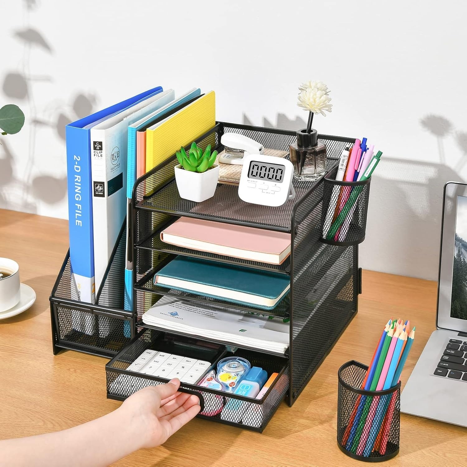 Organizador de escritorio con archivador, bandeja de 5 niveles para cartas, cajó