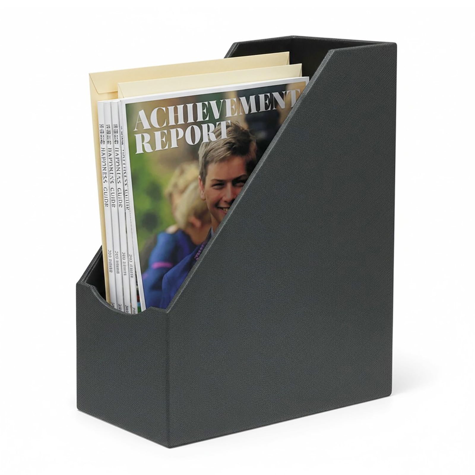 Grey Leatherette Desktop Document Organizer Magazine File Paper Holder