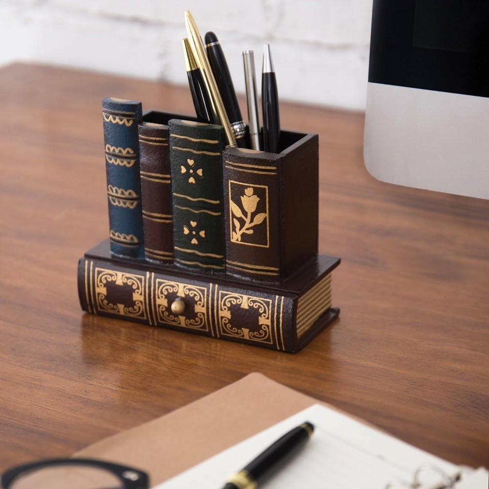 Decorative Desk Organizer Caddy, Pencil and Pen Holder with Bottom Storage