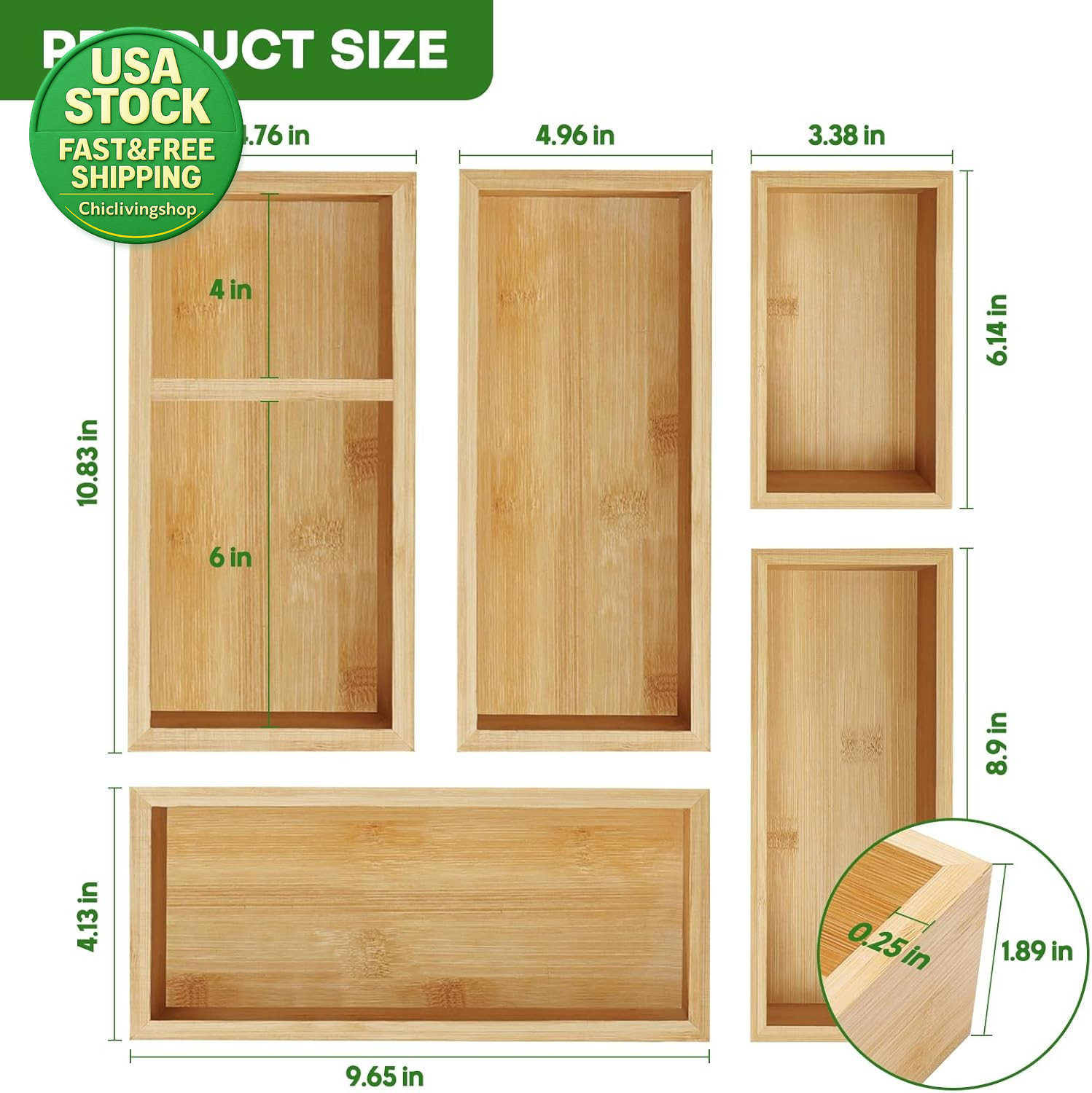 Bamboo Drawer Organizer Set 5 PCS Storage Dividers Trays for Kitchen Office