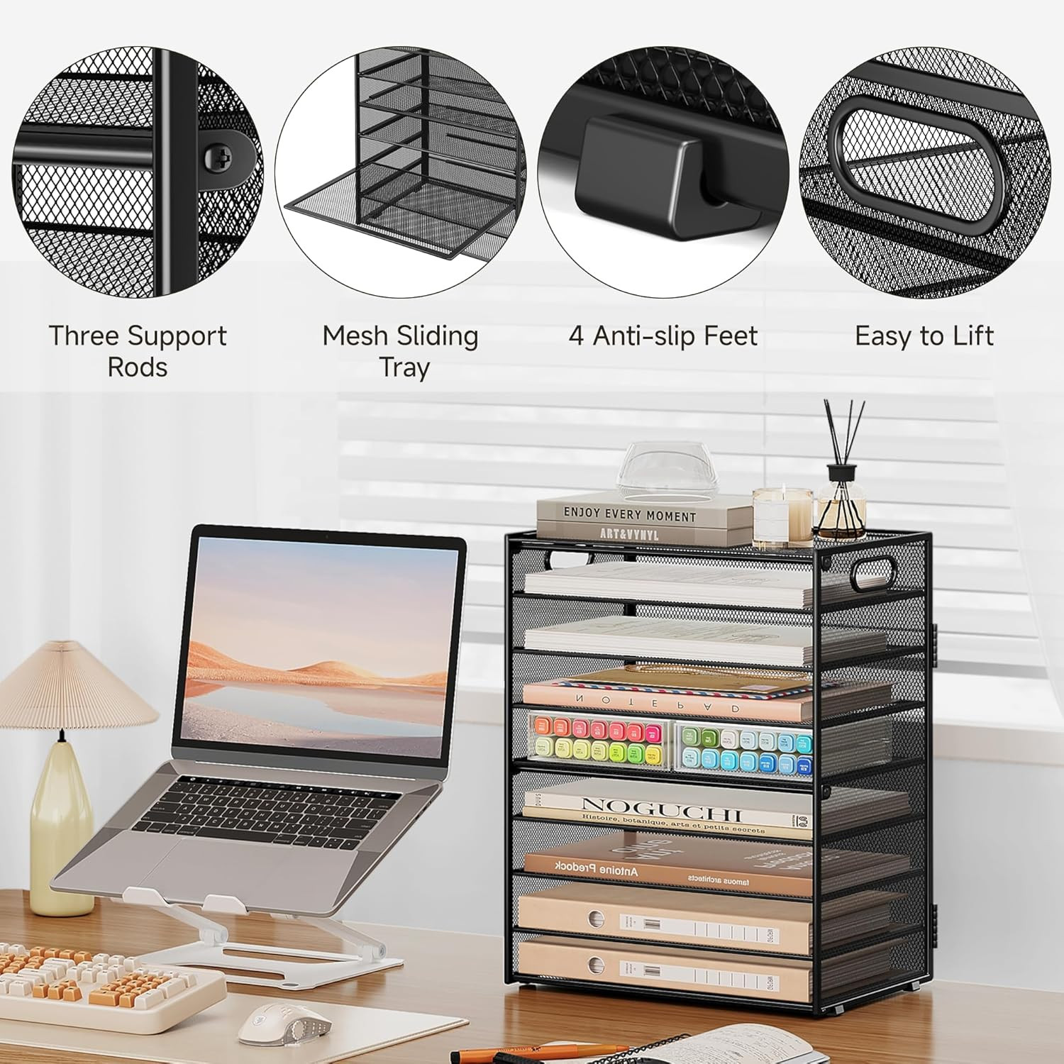 9 Tier Paper Organizer for Desk – Black Metal Mesh Letter Tray File Paper Sorter