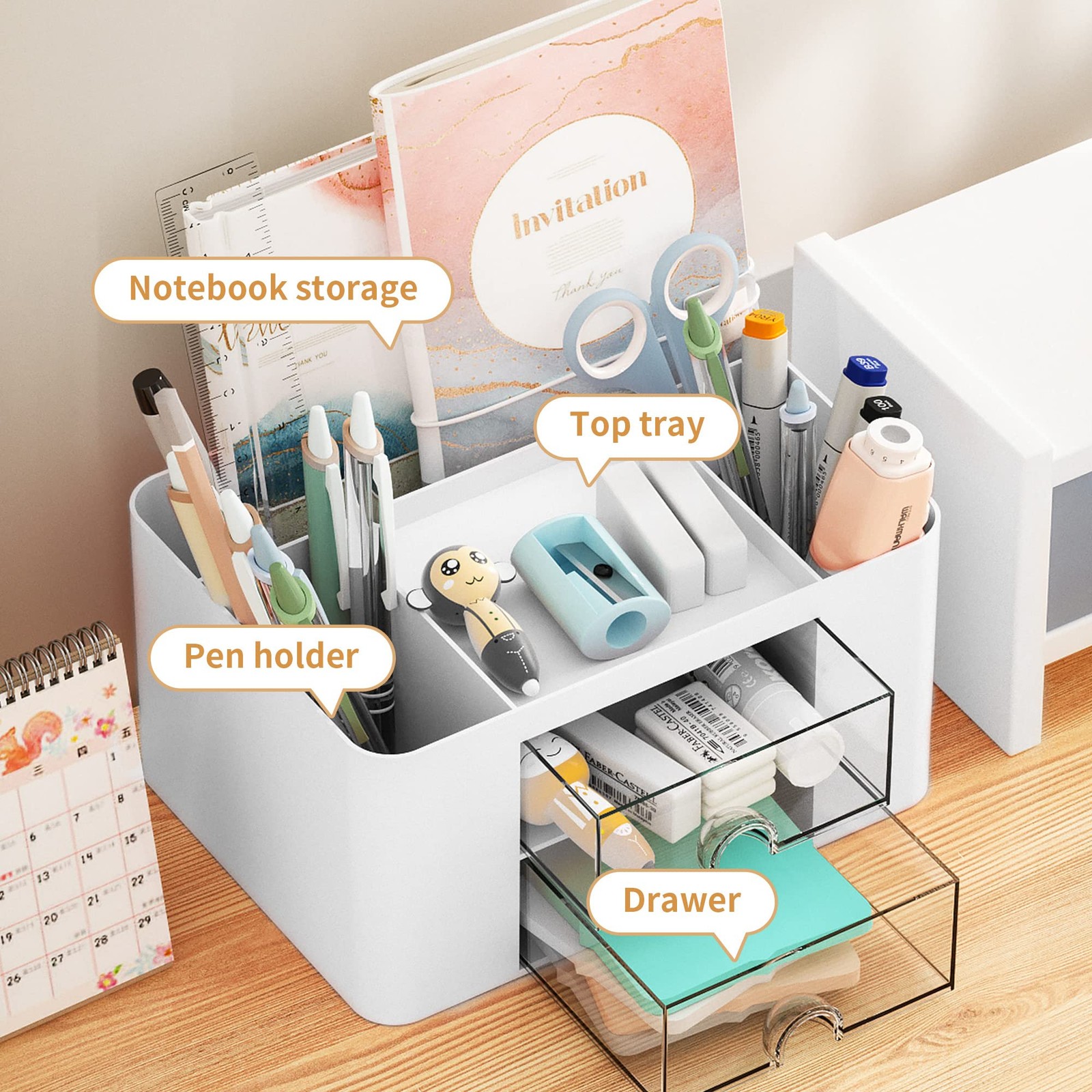 Desk Organizer with 2 Drawer 5 Compartments Pen Holder Office Supplies Storage