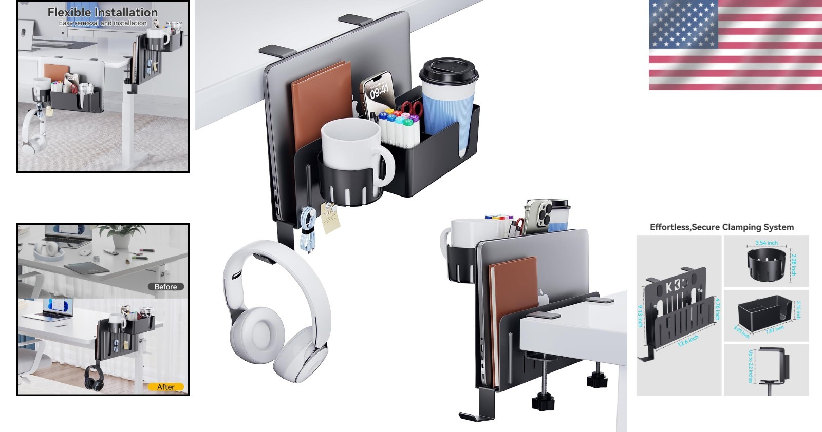 Sturdy Rose Gold 7-in-1 Desk Organizer with Heat Dissipation and No Drill Setup