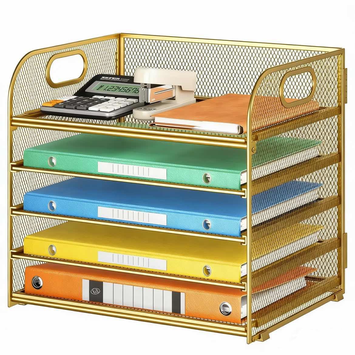 Lavatino Desk Paper Organizer Trays, Gold 5-Tier Mesh File Folder Sorter with