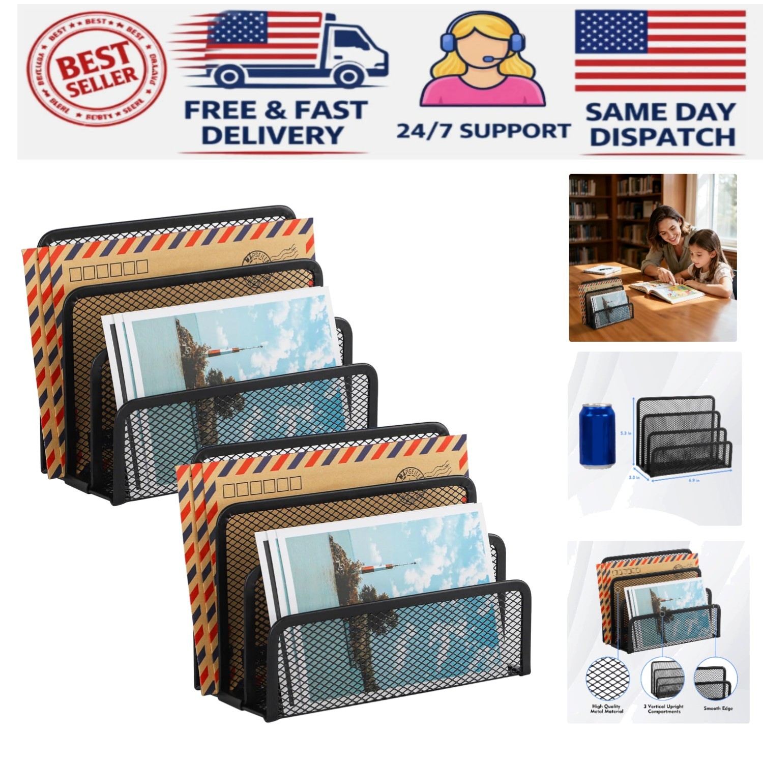Multi-Functional Desktop Organizer – 2-Pack Black Mesh File Sorter and Holder