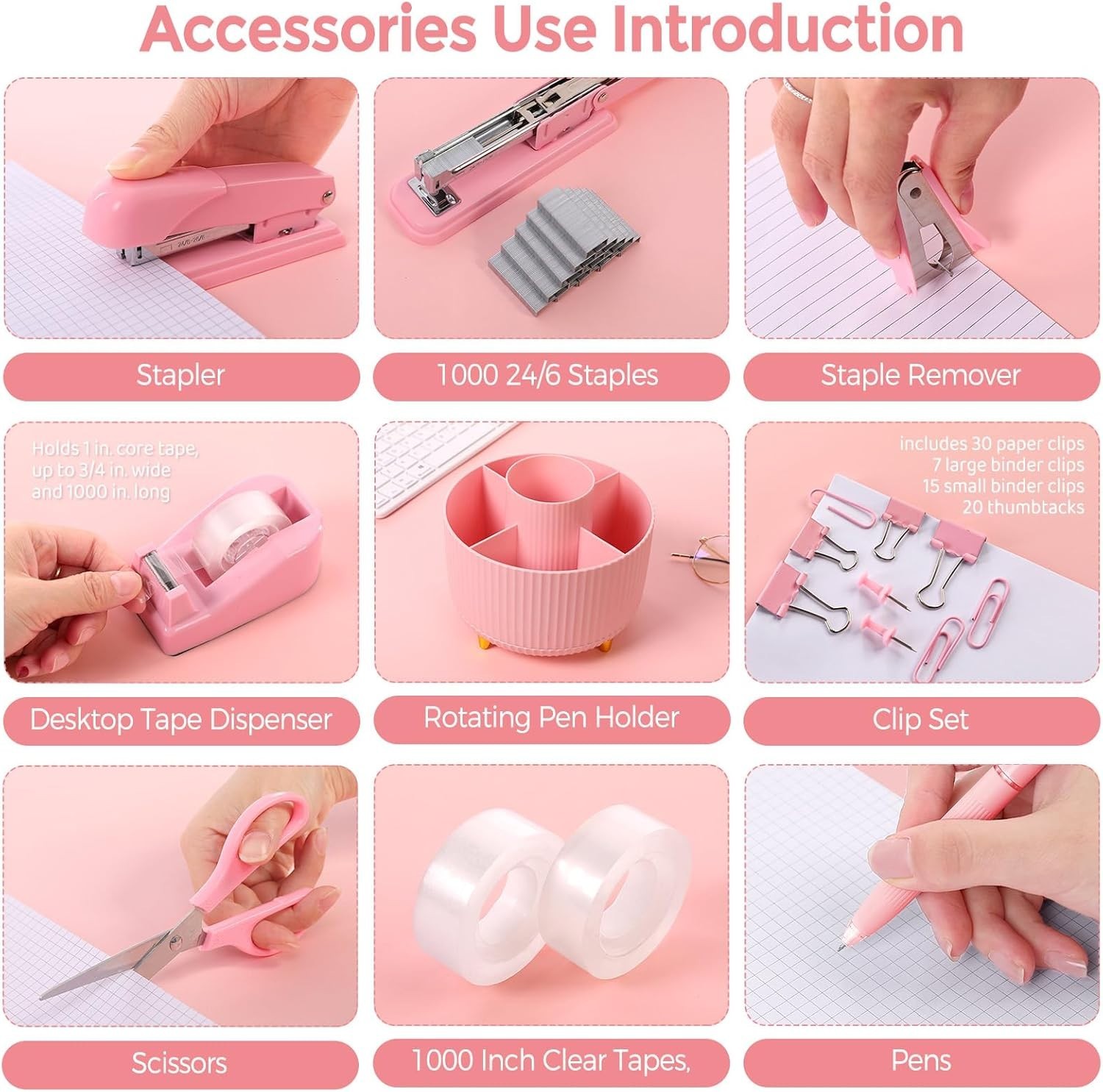 Versatile 10-Pc Pink Office Supplies: Stylish Rotating Holder, Stapler & More
