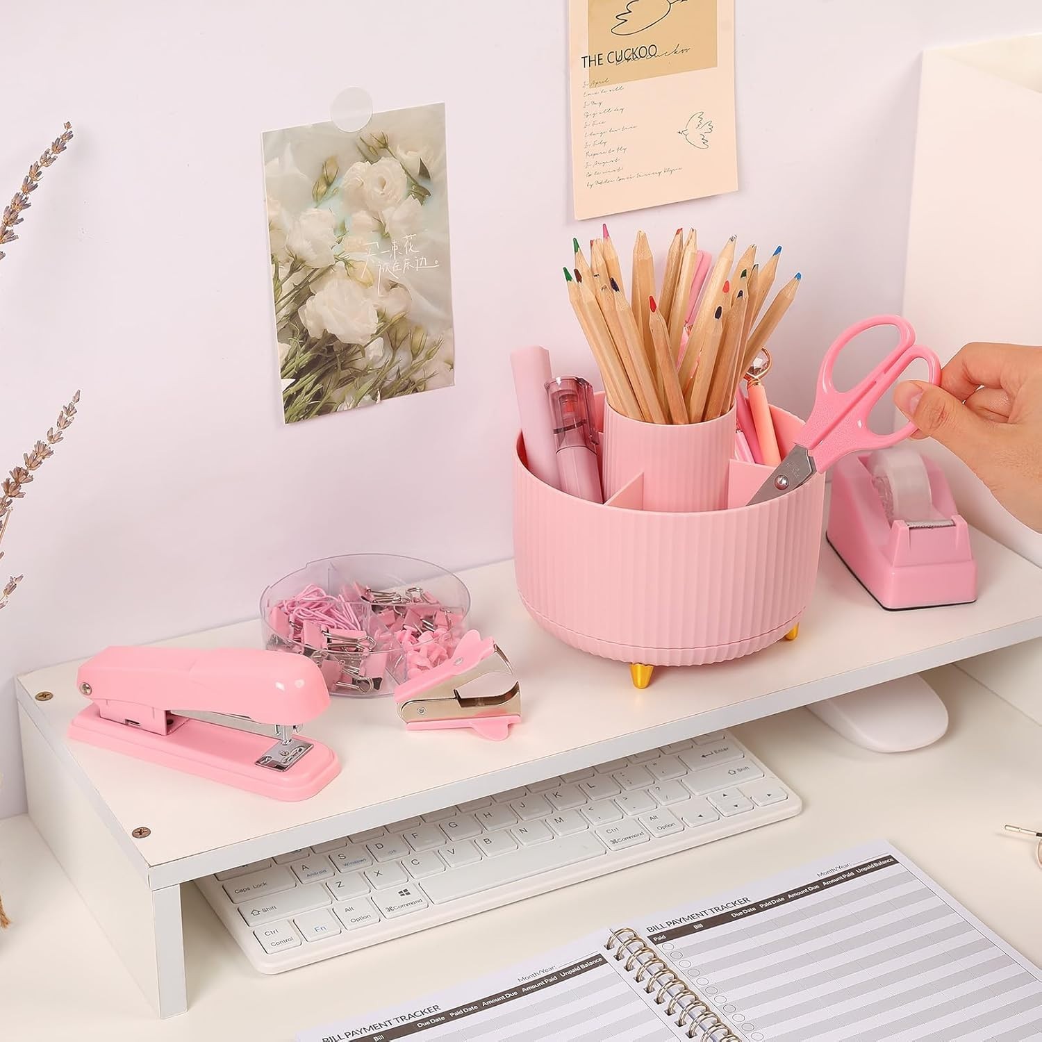 Versatile 10-Pc Pink Office Supplies: Stylish Rotating Holder, Stapler & More
