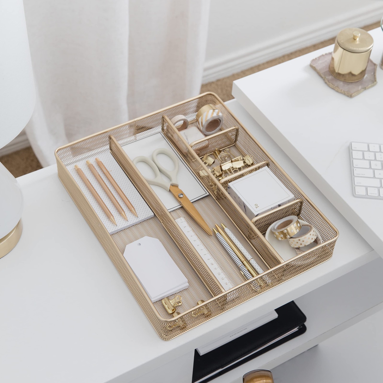 BLU MONACO | Gold Desk Drawer Organizer Tray with 6 Compartments | Metal Mesh…